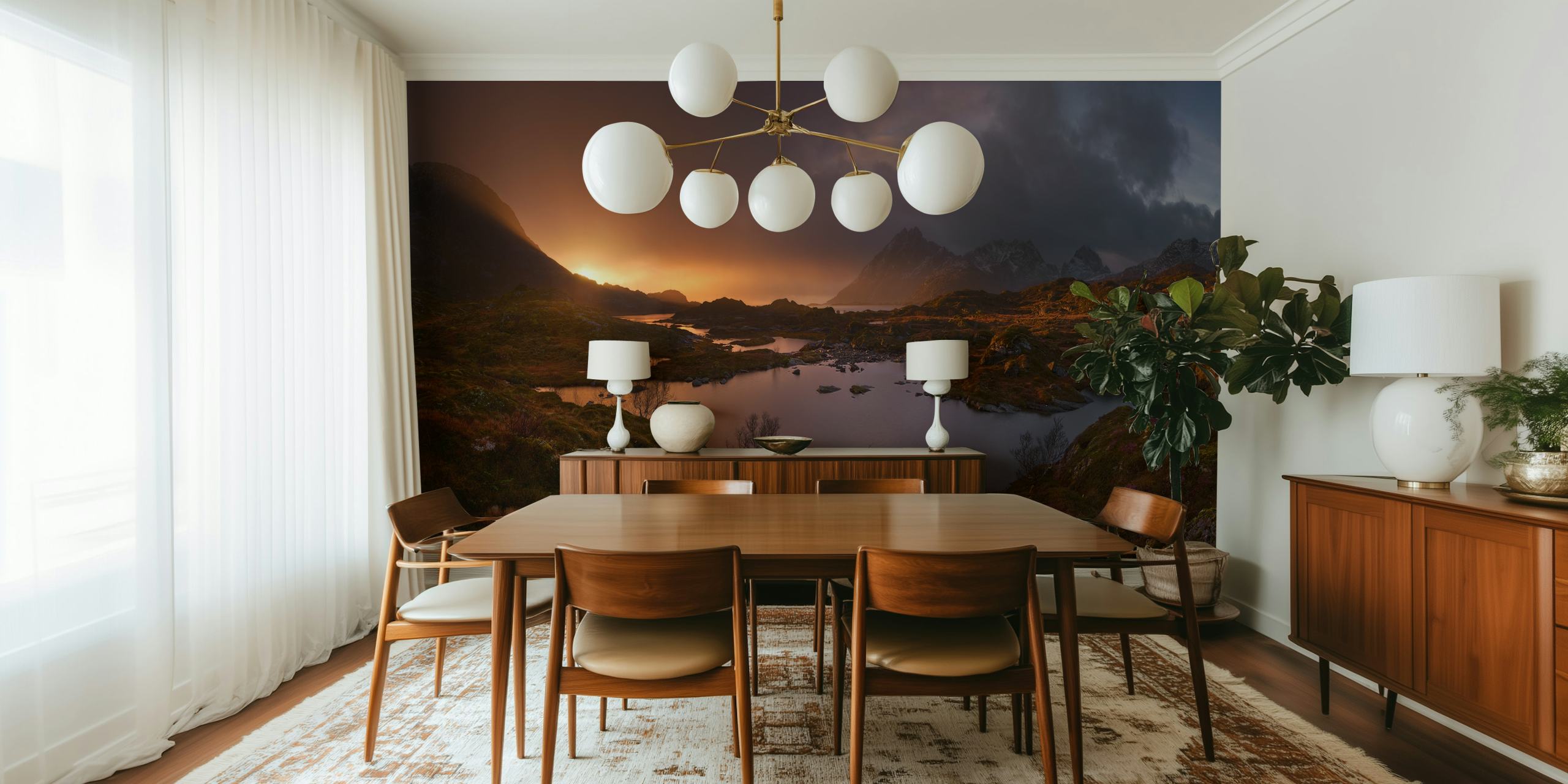 Nascer do sol sobre o mural de parede de Lofoten representando a luz tranquila do amanhecer na paisagem norueguesa com montanhas e lagos.