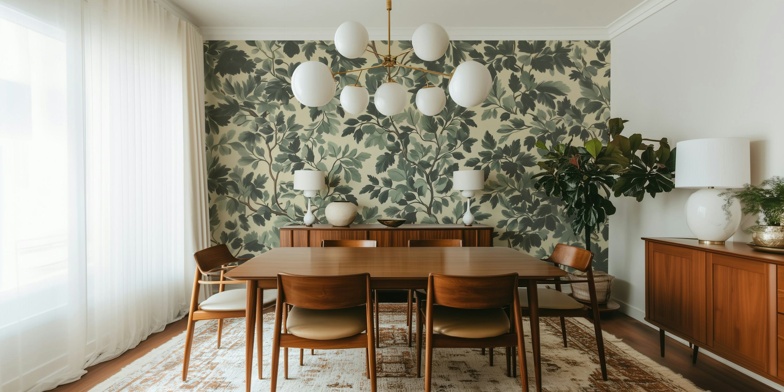 Botanical leafy pattern with dark green and soft gray hues wallpaper
