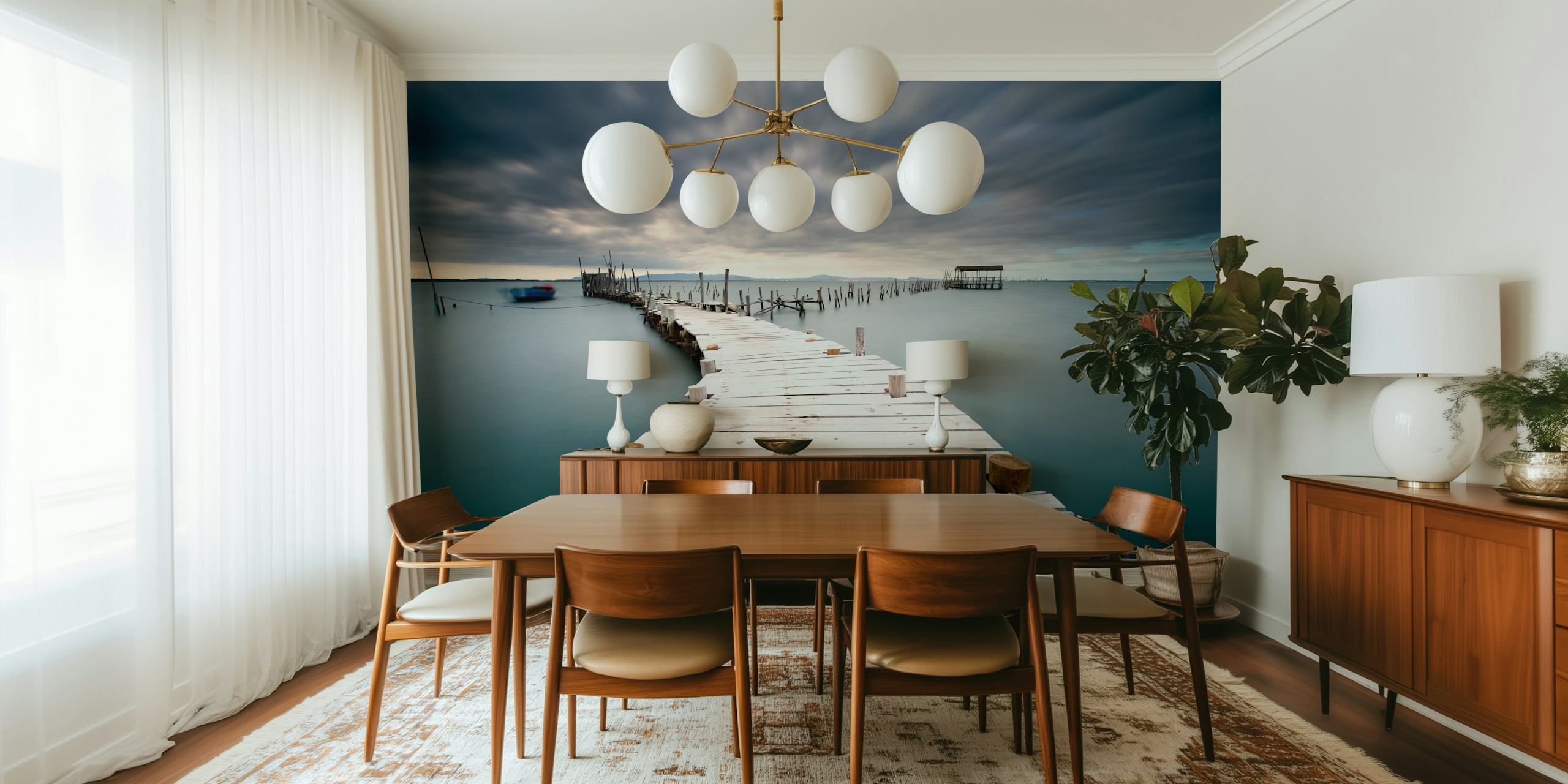 Serene wooden pier wall mural leading into calm waters under a twilight sky