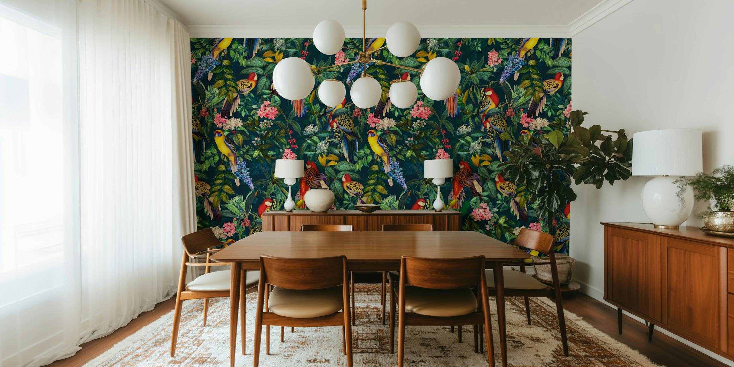 Tropical bird motif with colorful feathers and green leaves wallpaper