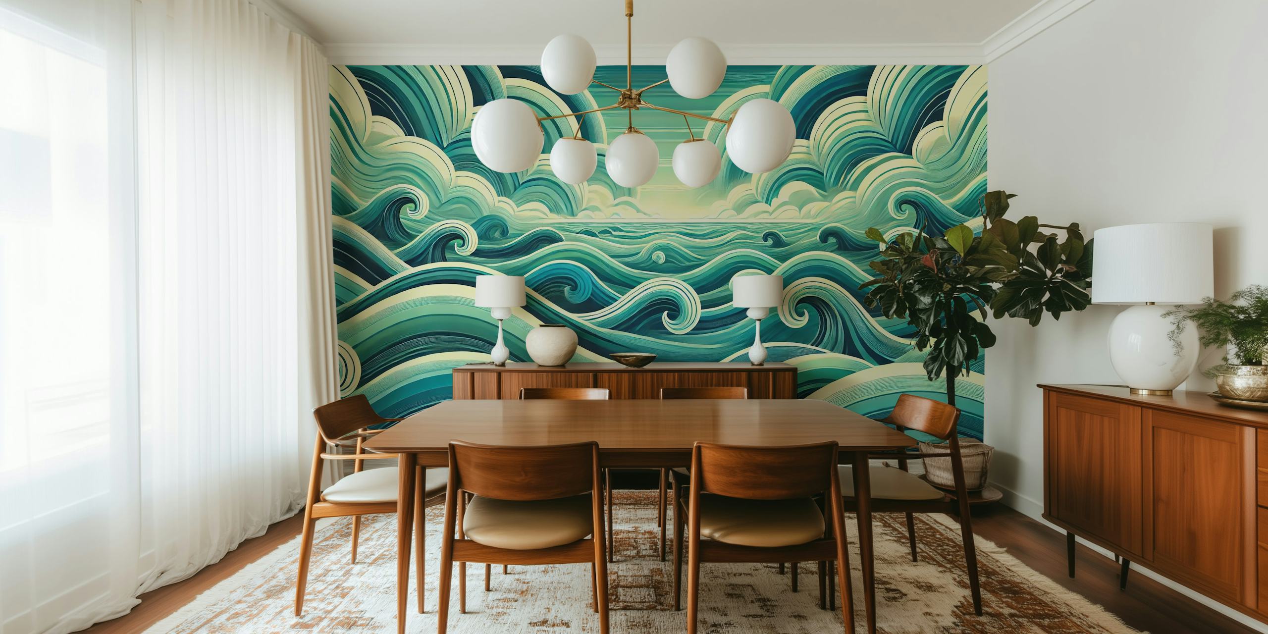 Abstract ocean waves in teal and blue colors wallpaper