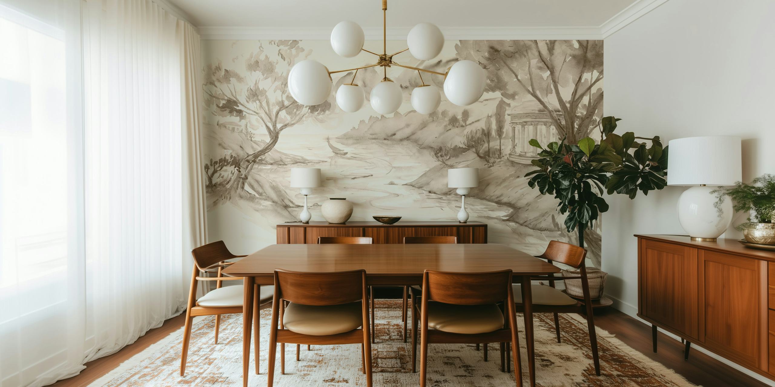 Classical river landscape with trees and columns in beige tones wallpaper
