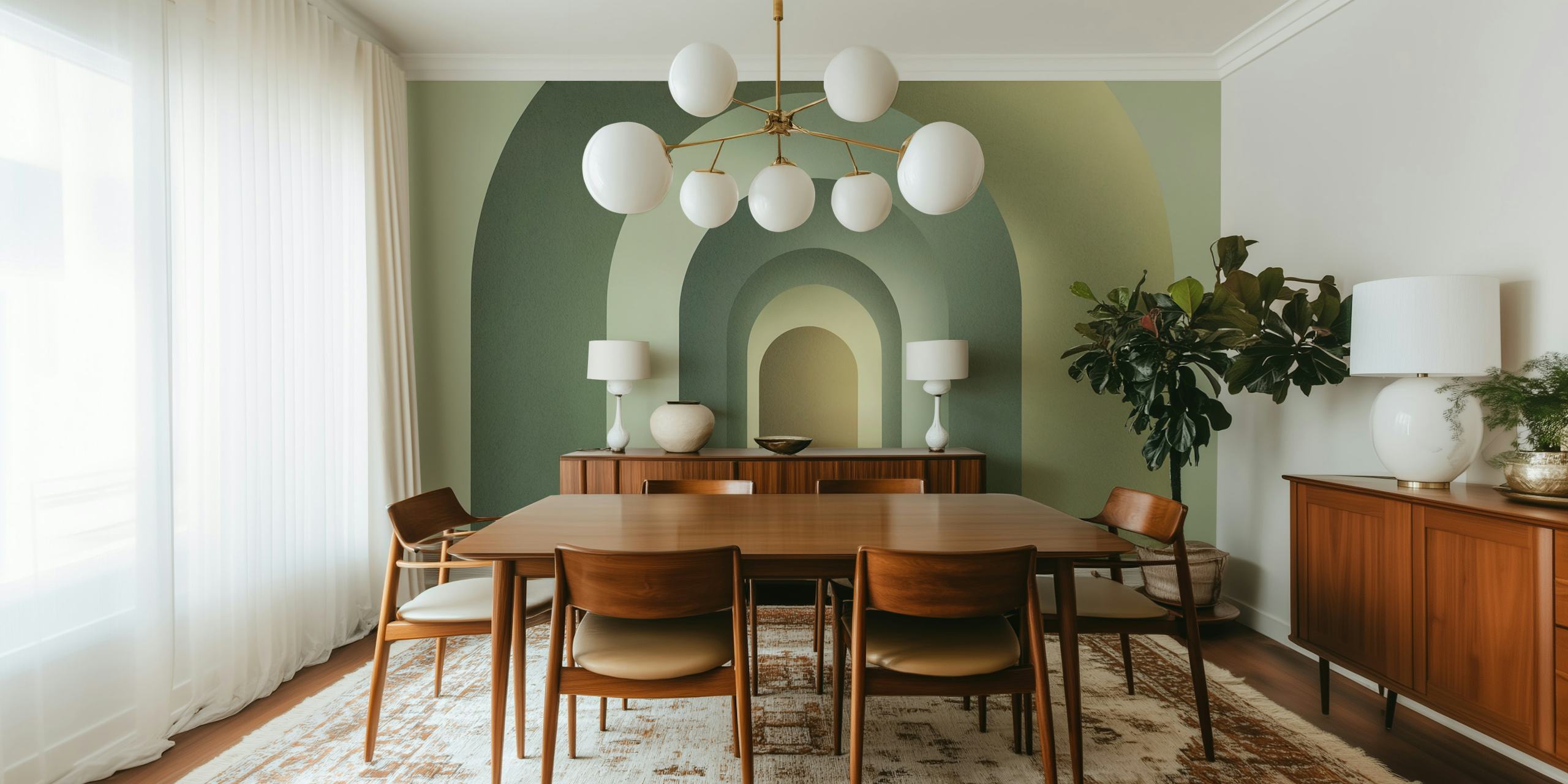 Arched shapes in soft greens and beige tones wallpaper