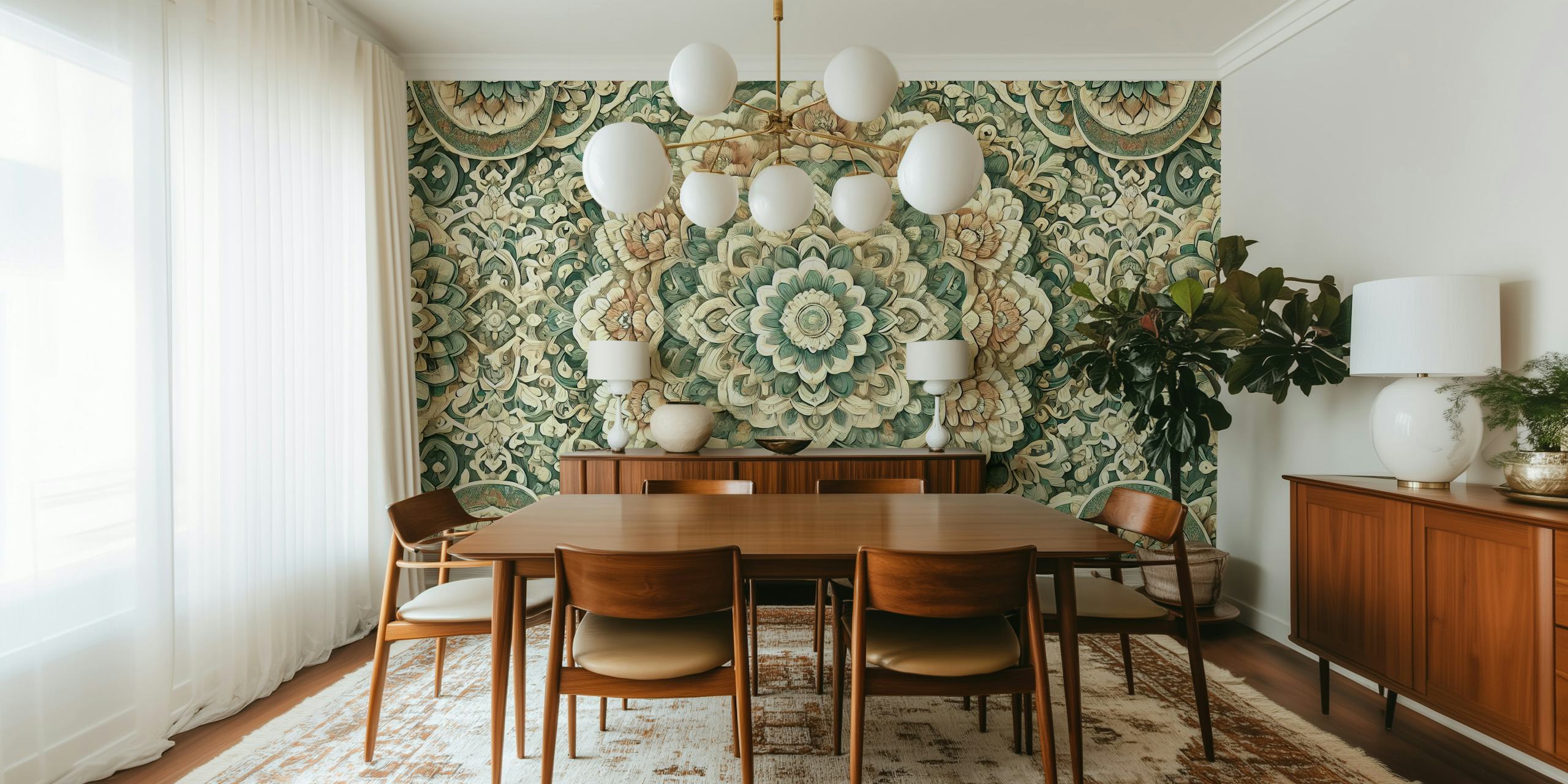 Verdant Mandala Tile wallpaper in a room
