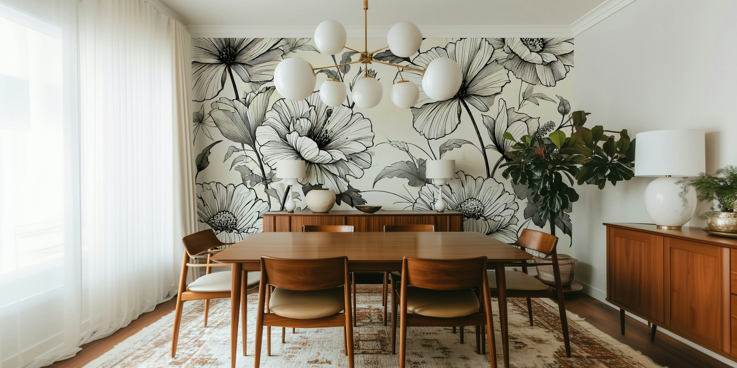 Schwarz-weiße Blumen mit Linienstil Tapete