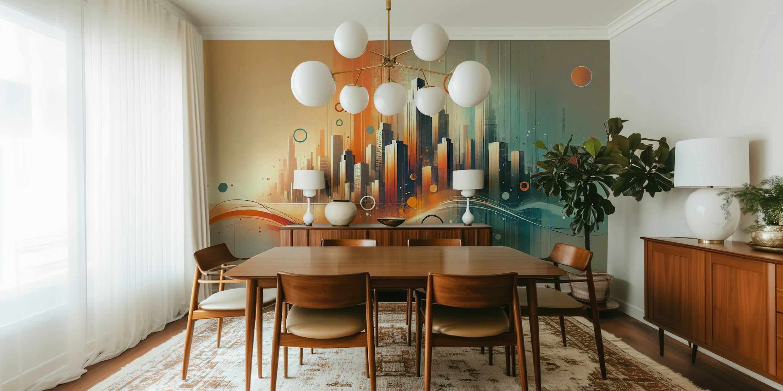 Abstract city skyline with orange and teal accents wallpaper