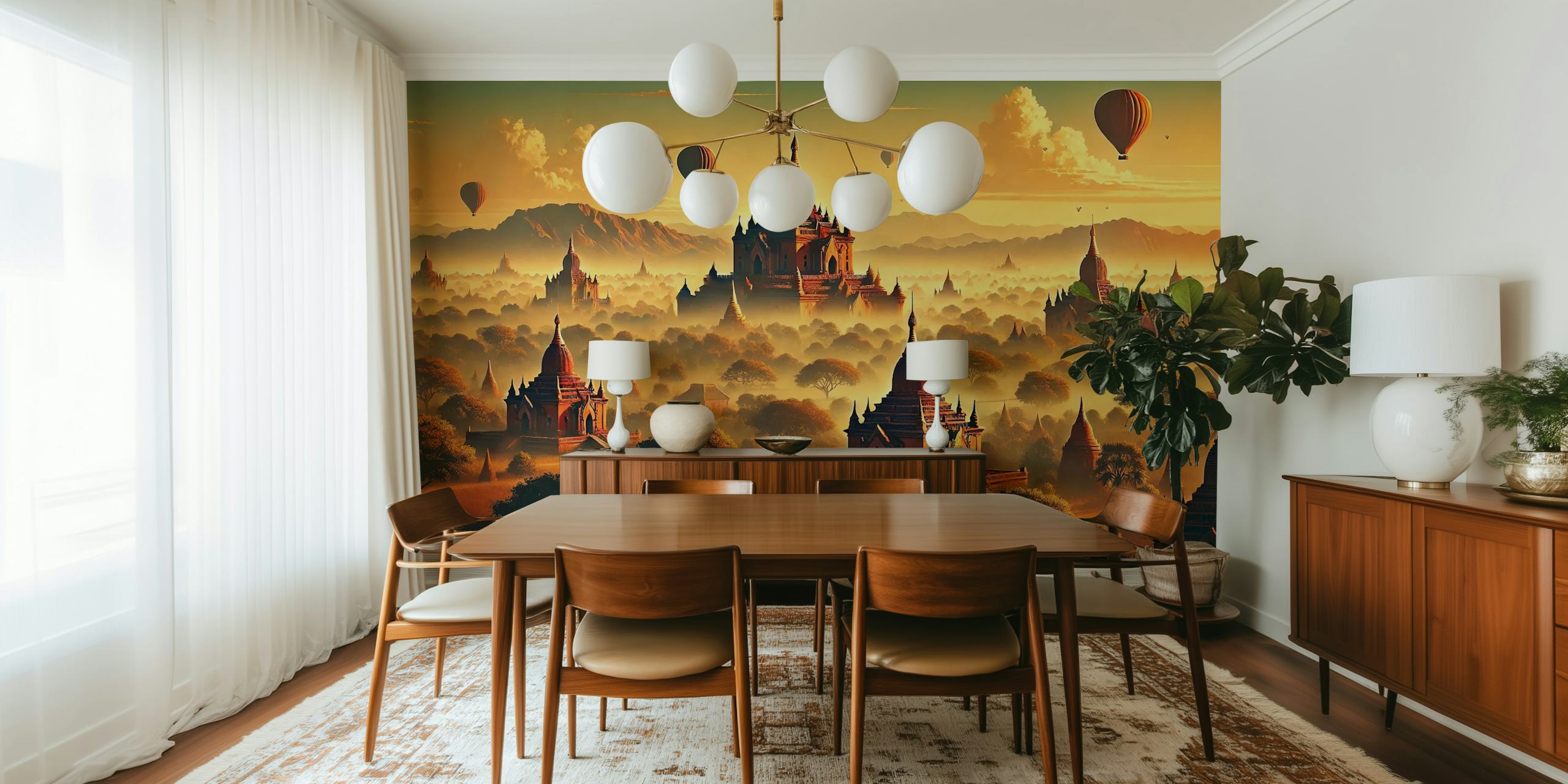 Vintage Bagan wallpaper with temples and balloons