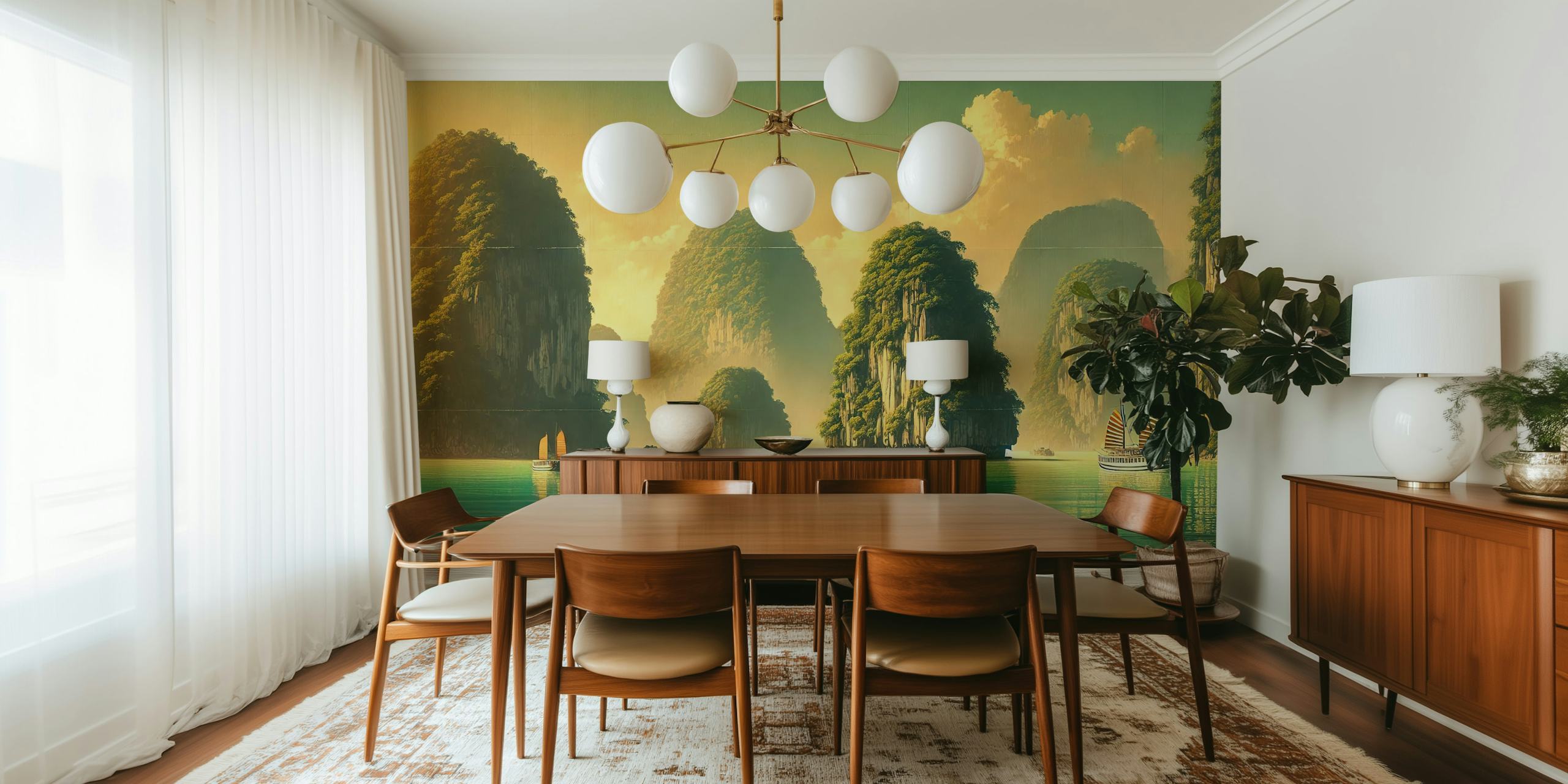 Ha Long Bay landscape with rocky formations and boats in green and blue wallpaper