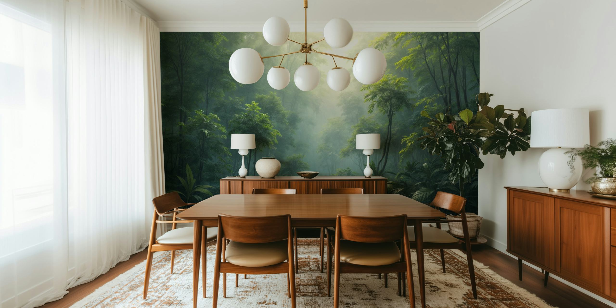 Lush green tropical forest wallpaper with a peaceful ambiance