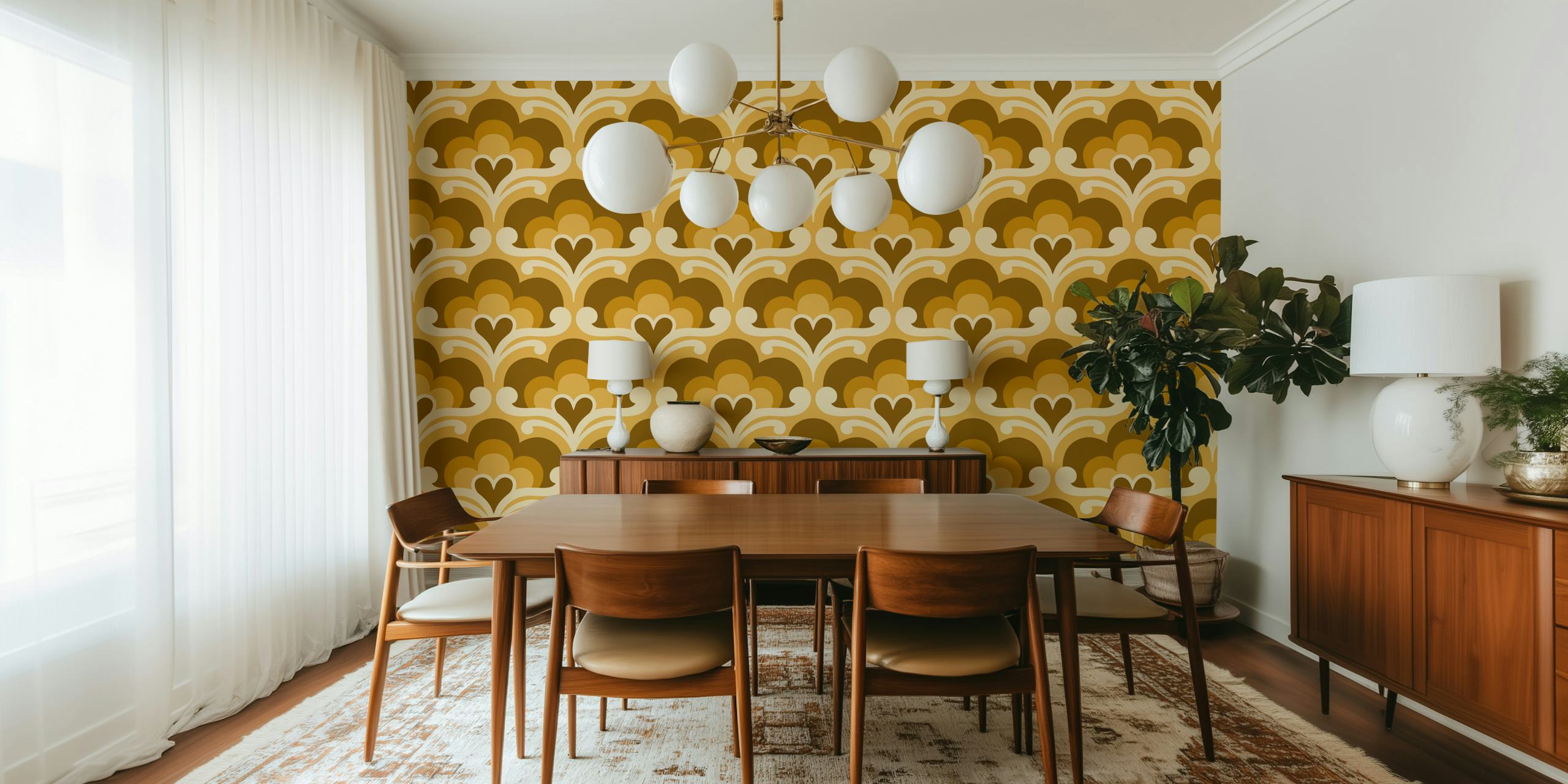 Golden Retro Blossoms wallpaper in a room