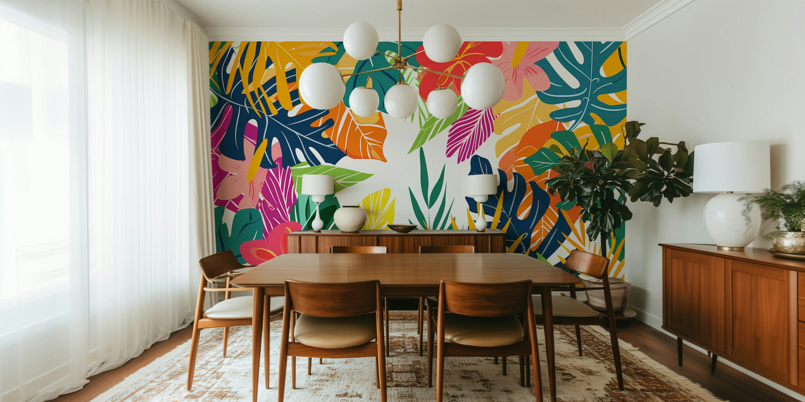 Colorful tropical leaves and flowers wallpaper