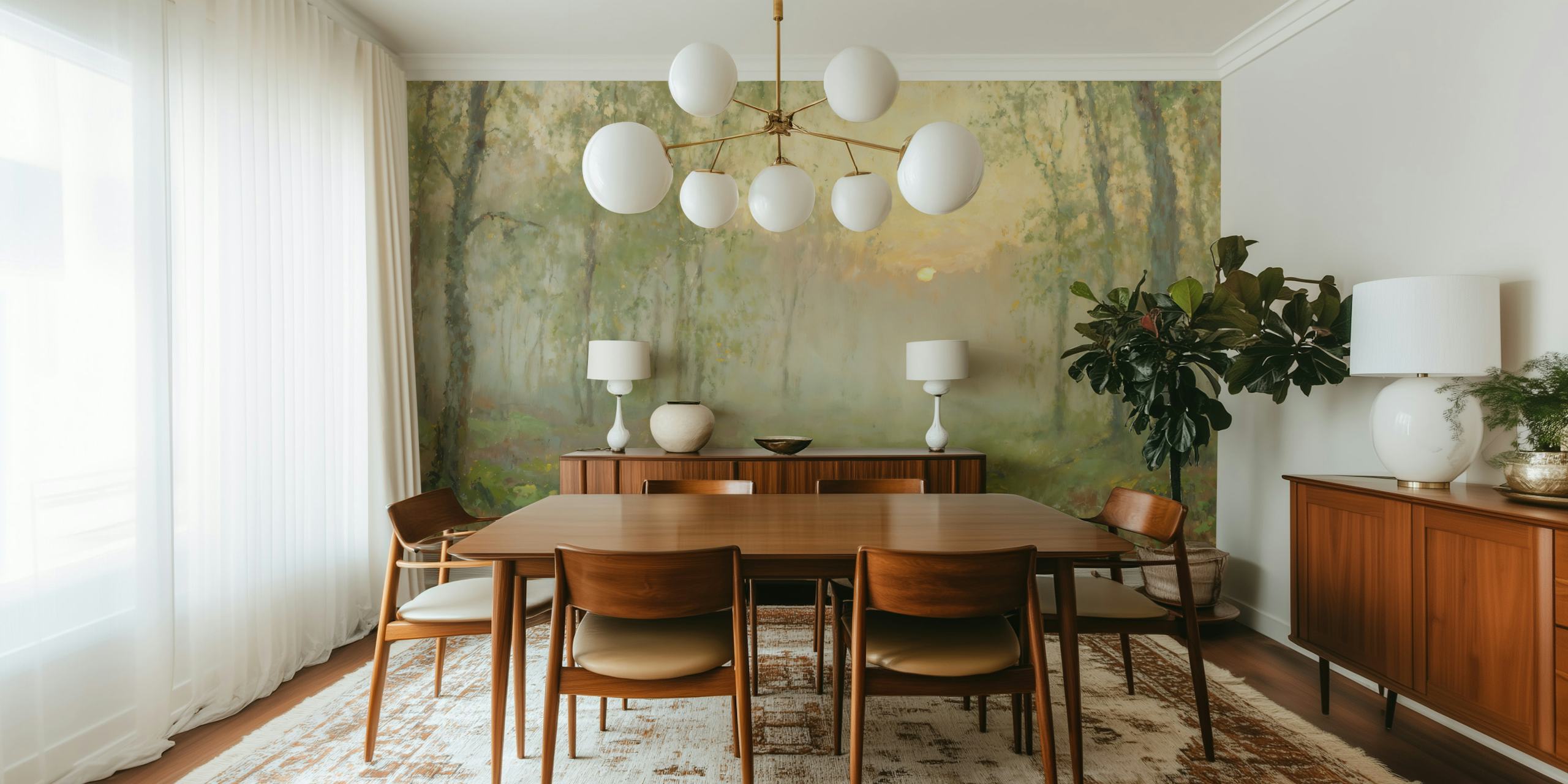 Misty forest at sunrise wallpaper in a room