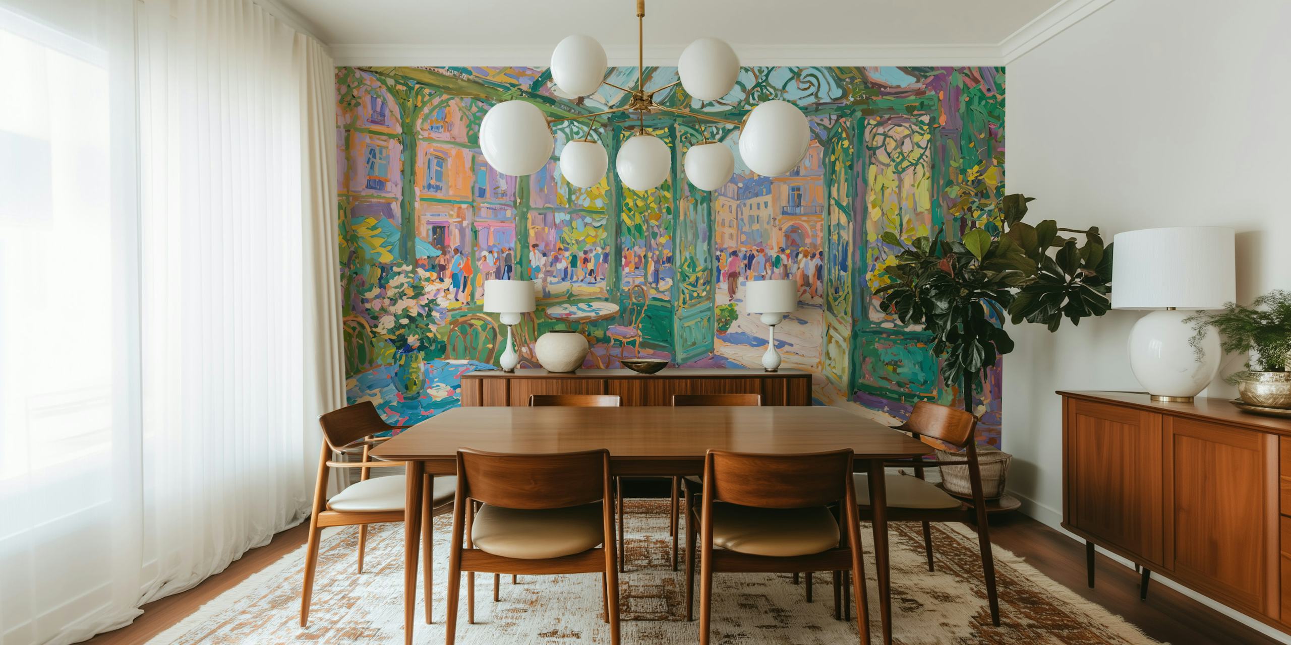 Pastellfarbene Darstellung einer Café-Szene mit Blumen, bunt bekleideten Menschen und grünem Rahmen. Wallpaper