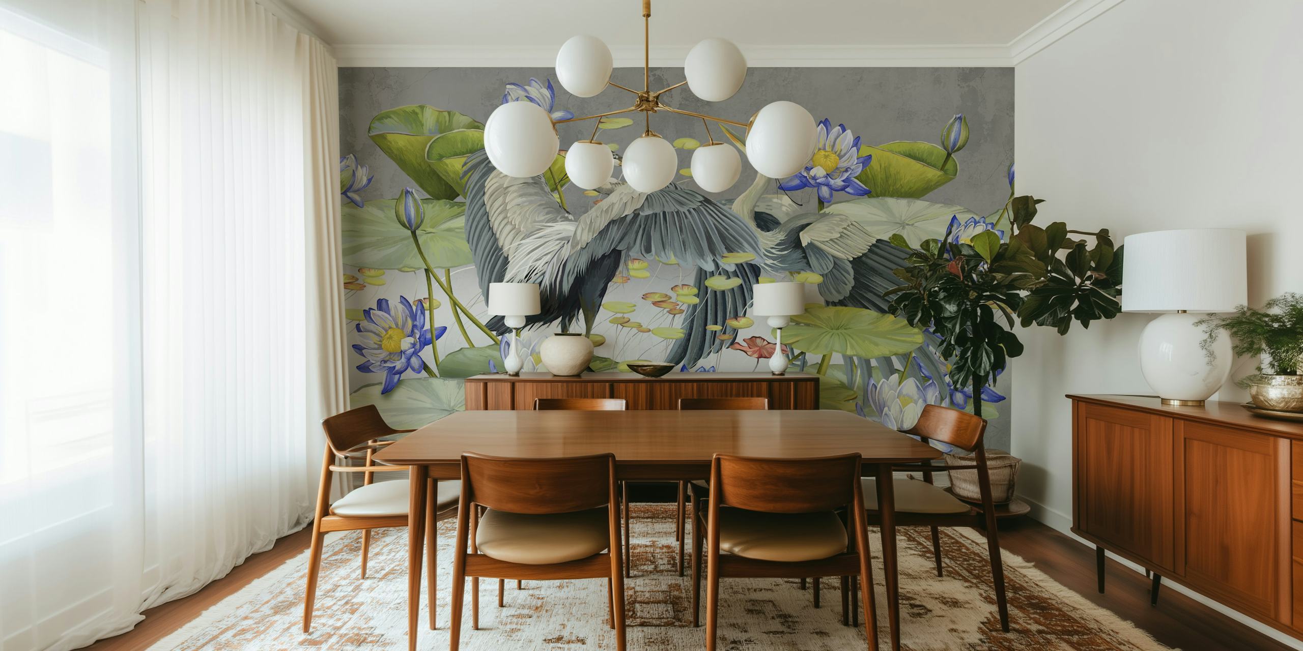 Heron and water lily scene with gray background wallpaper