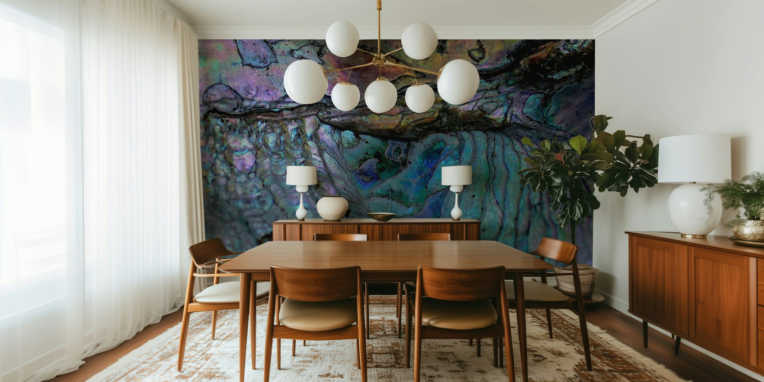 Colorful iridescent shell patterns in blue, green, and purple wallpaper