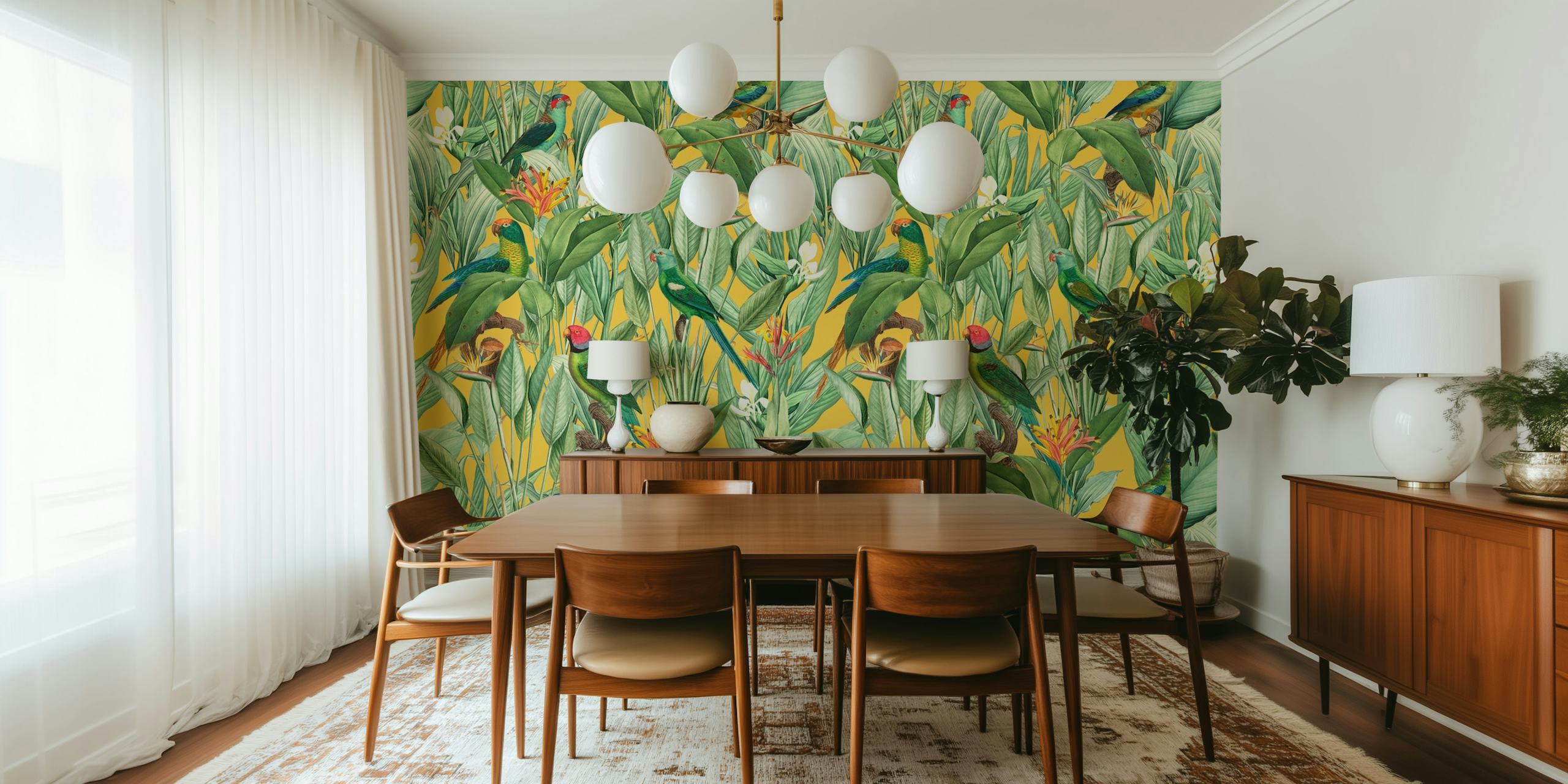 Lush green foliage with colorful tropical birds and flowers wallpaper