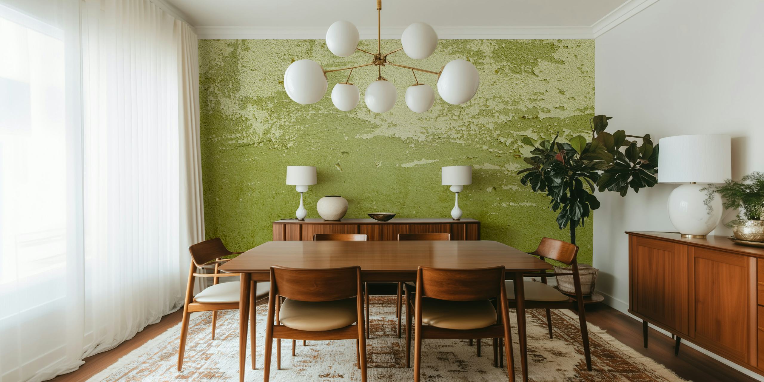 Textured green wallpaper with peeling paint effect