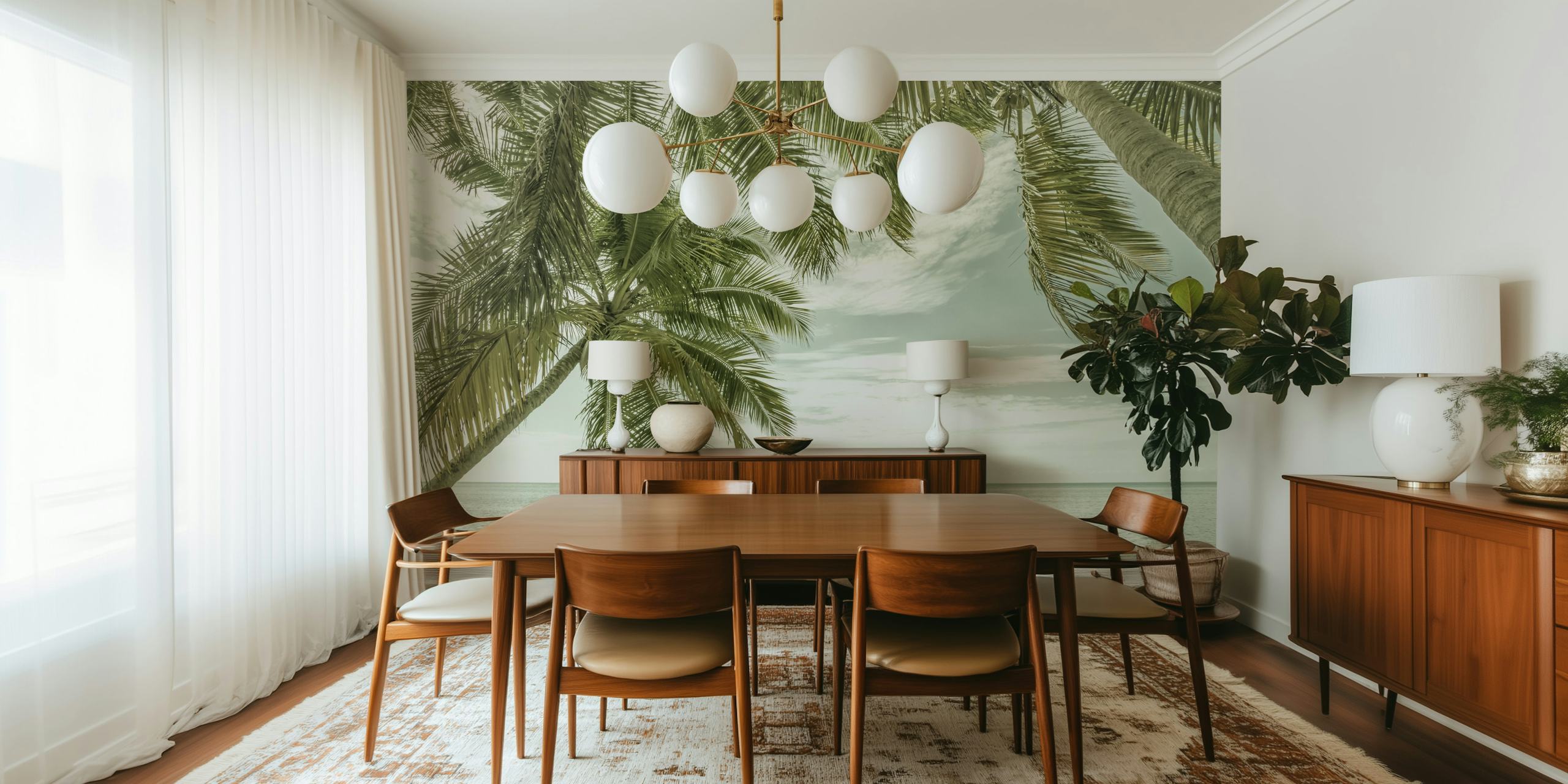 Vintage-style wall mural of a Florida ocean view with swaying palm trees