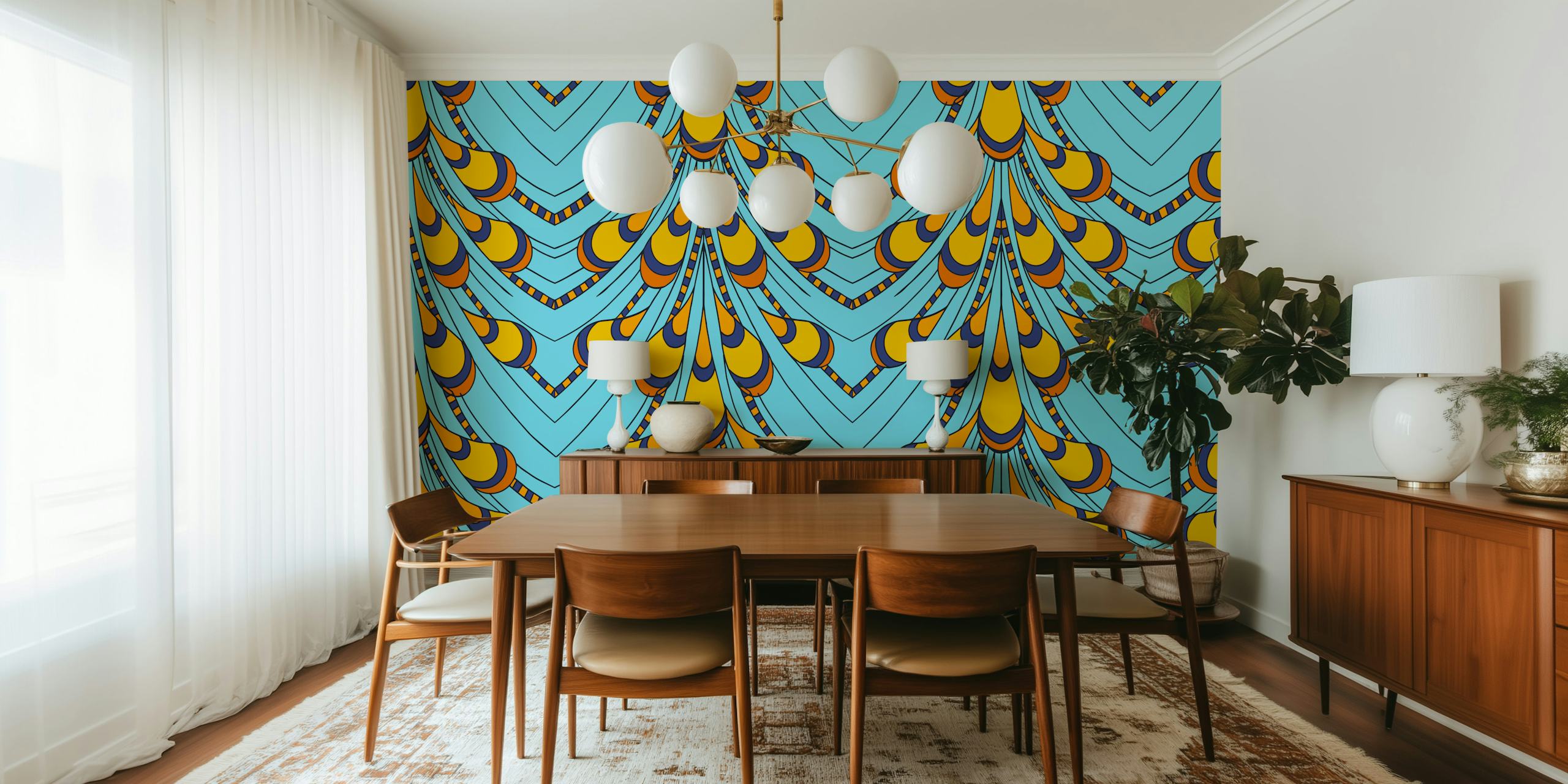 Blue and yellow peacock feather pattern wallpaper