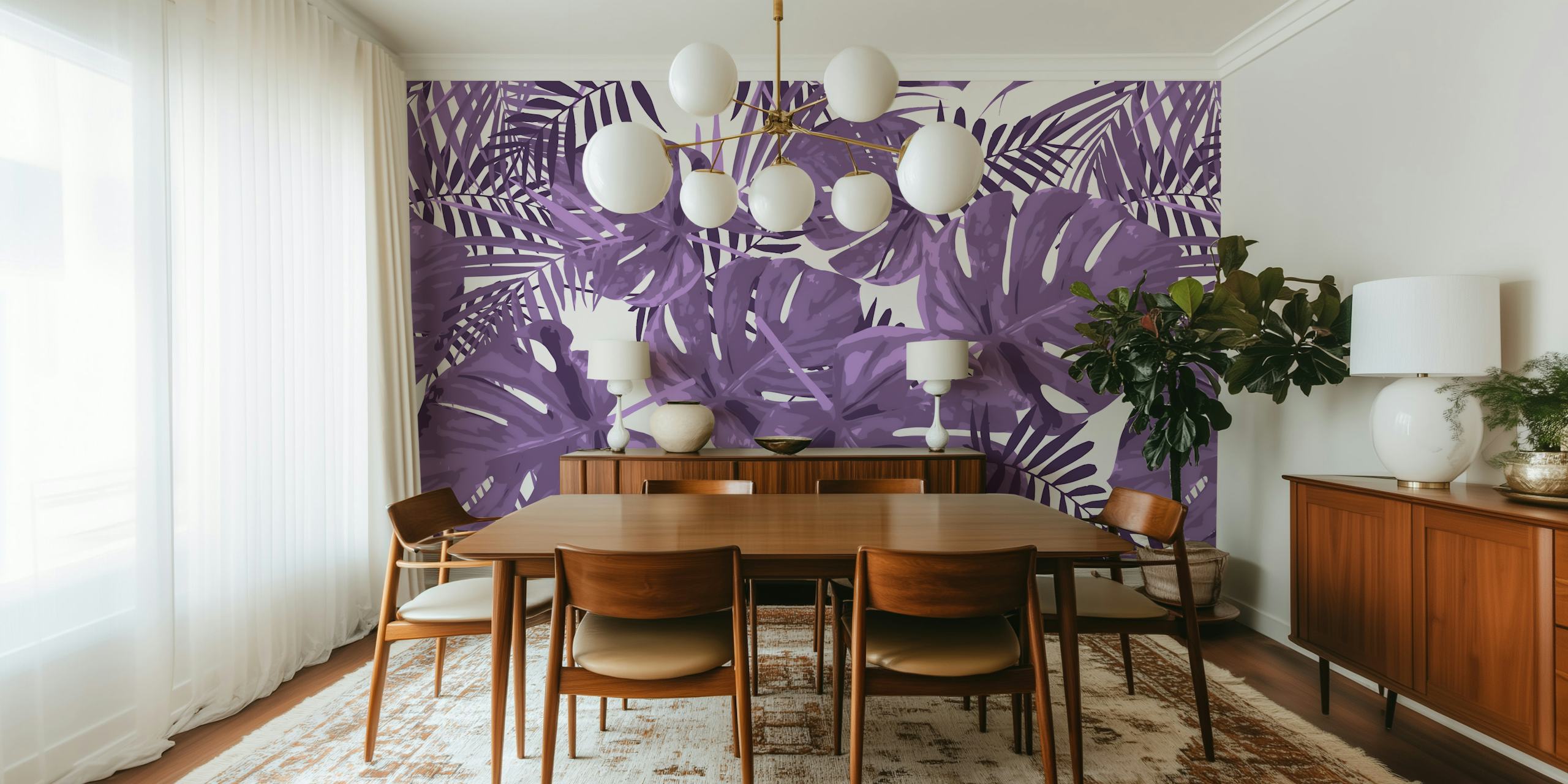 Purple Monstera leaves and tropical foliage wallpaper
