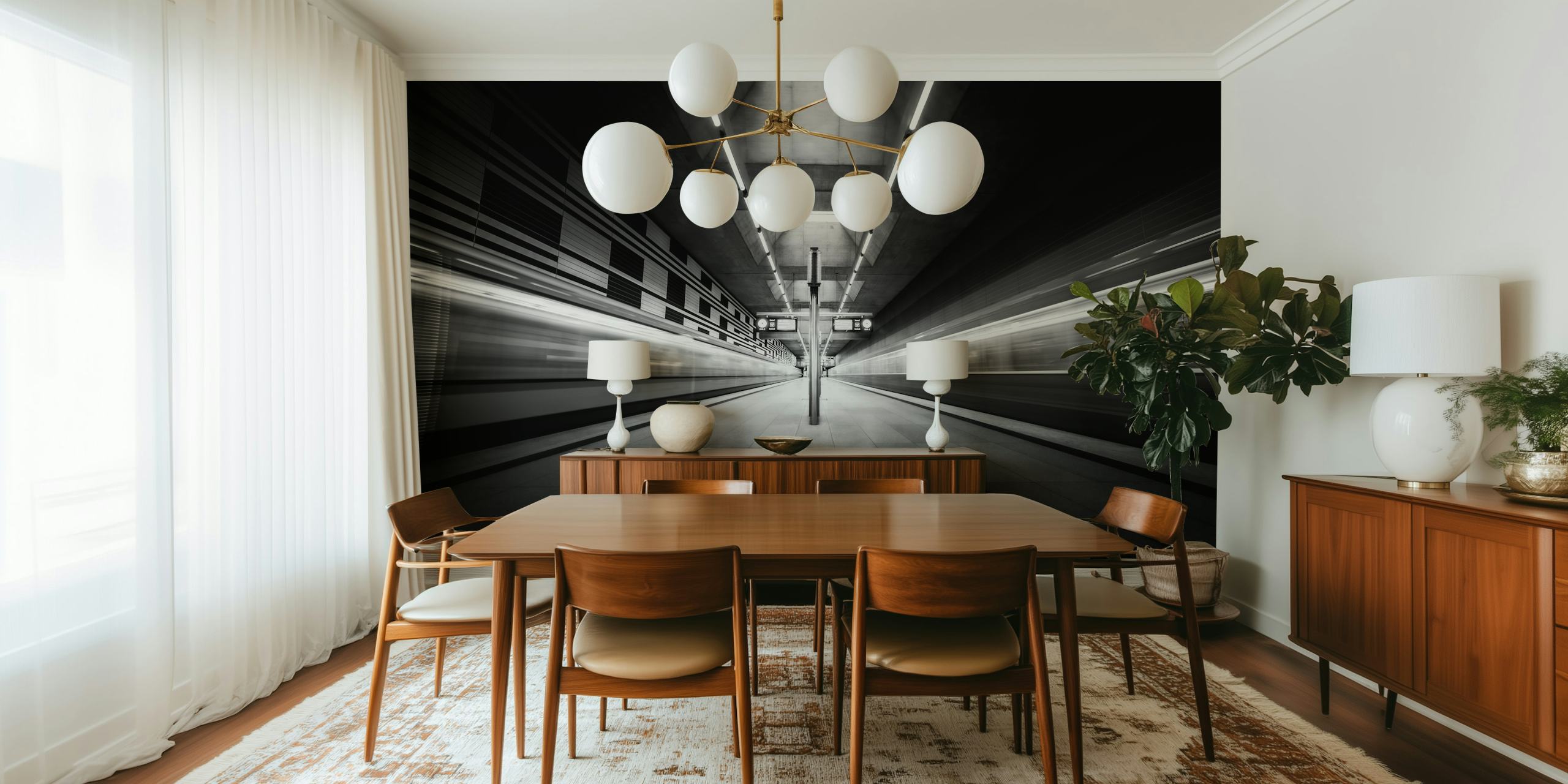 Black and white subway station wallpaper featuring dynamic lines and lights