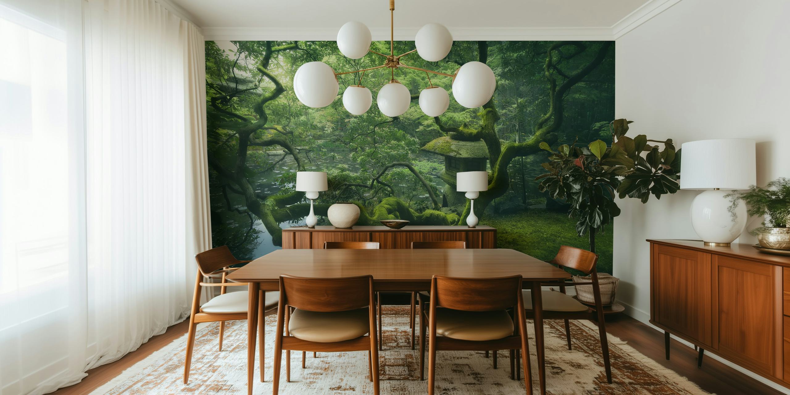 Japanese tree with twisting branches and lush greenery wallpaper