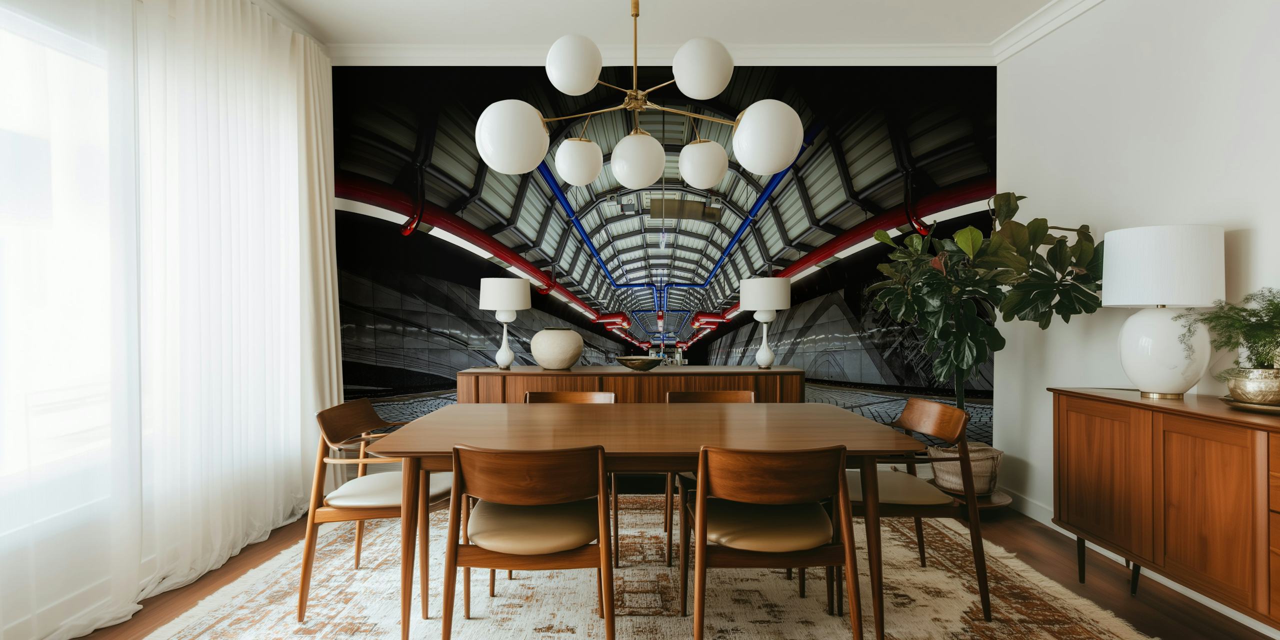 Metro station interior with geometric patterns and grey tones wallpaper