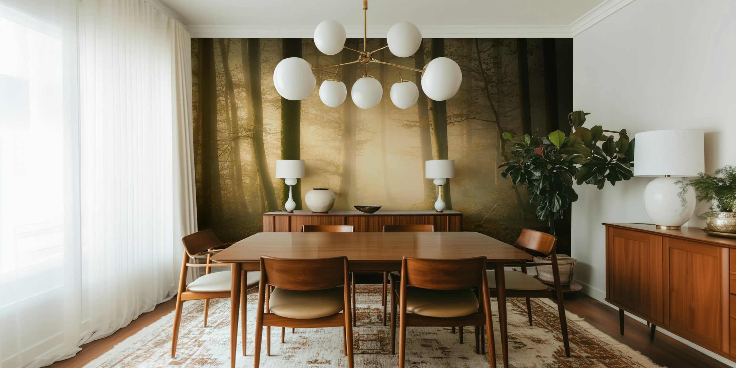 Misty autumn forest wall mural with sunlight filtering through trees