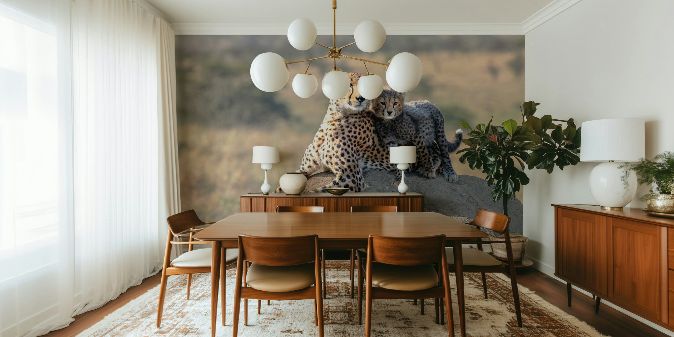 Cheetah mother with cub on a savannah rock wall mural