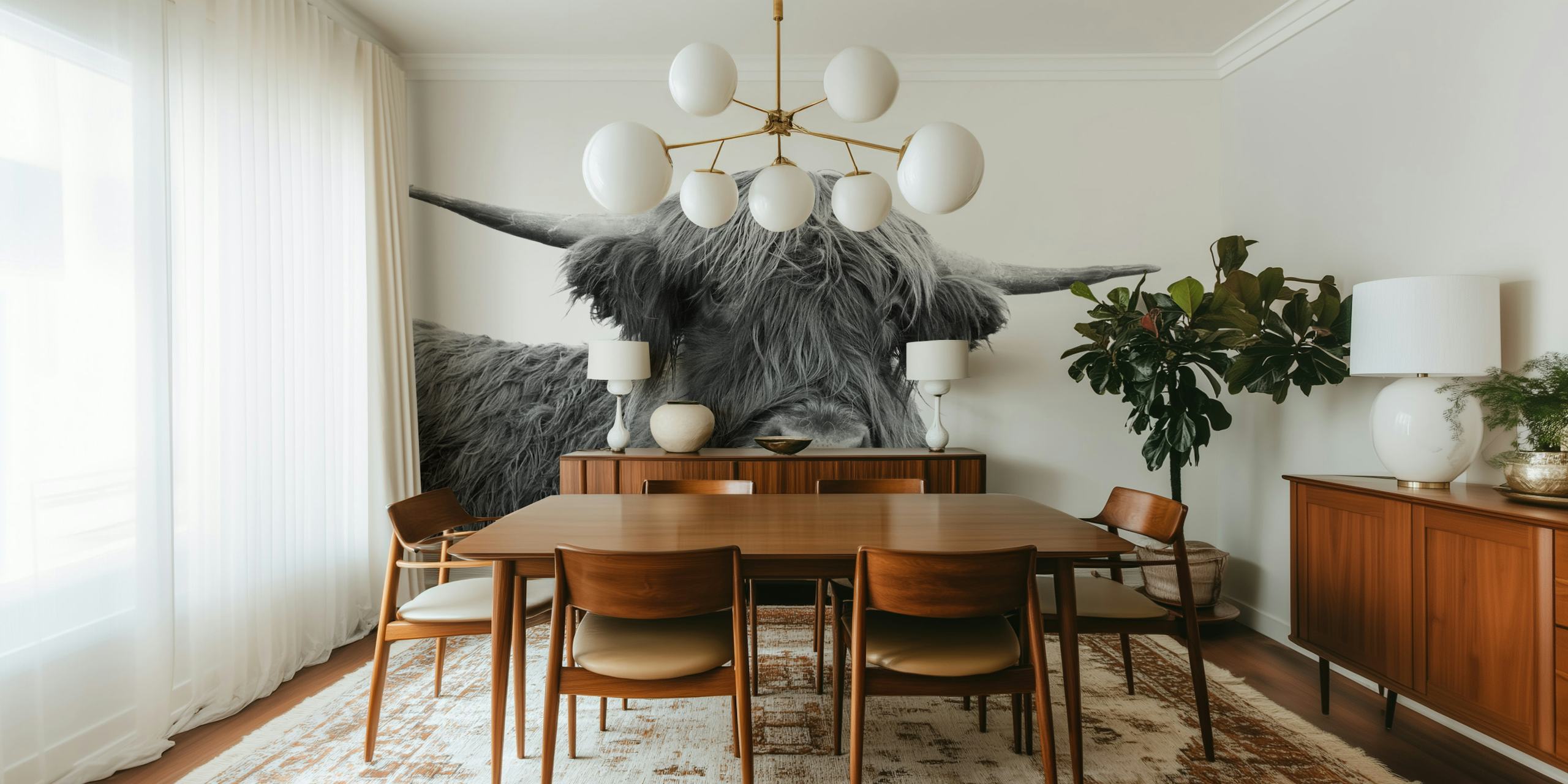 Papel de parede Highland Cow Black White 5 em um quarto