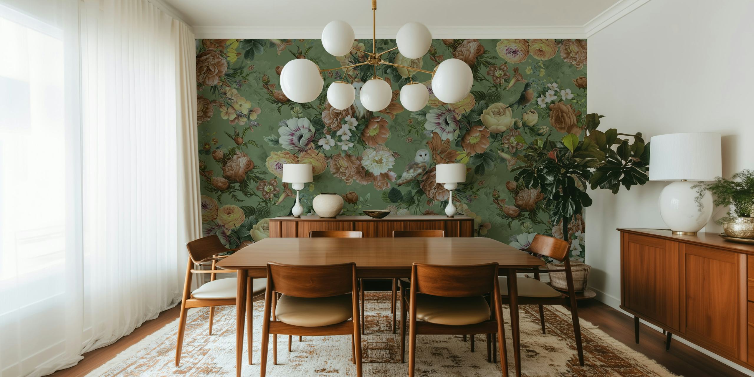 Owl and floral garden design in soft green and warm tones wallpaper