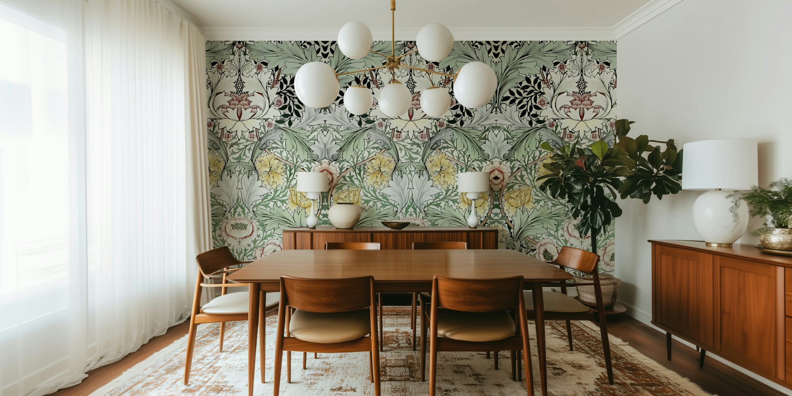 Floral wallpaper featuring green, black, white, and pink patterns in a vintage style