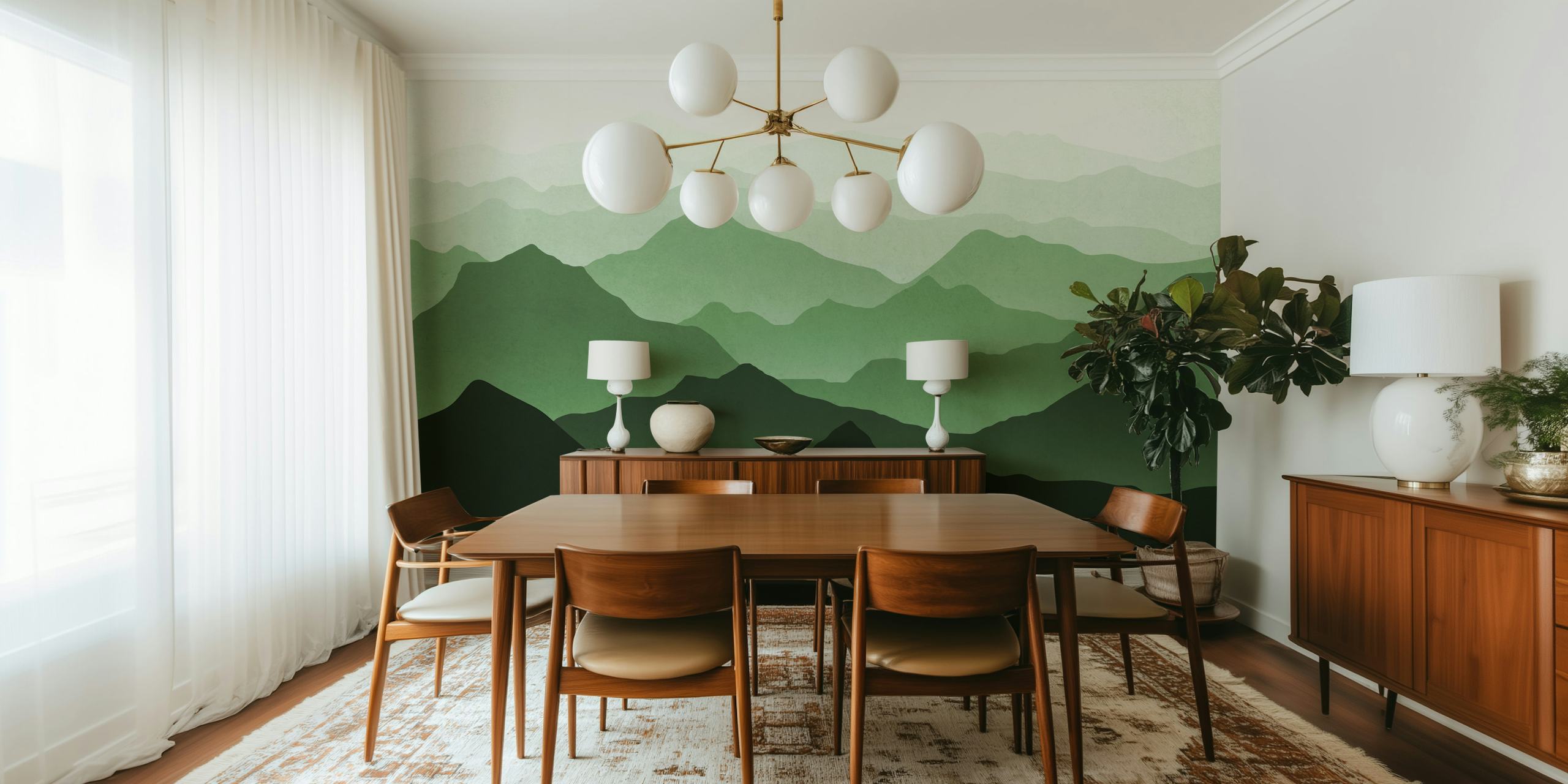 Layered green mountains in various shades, minimalist design wallpaper