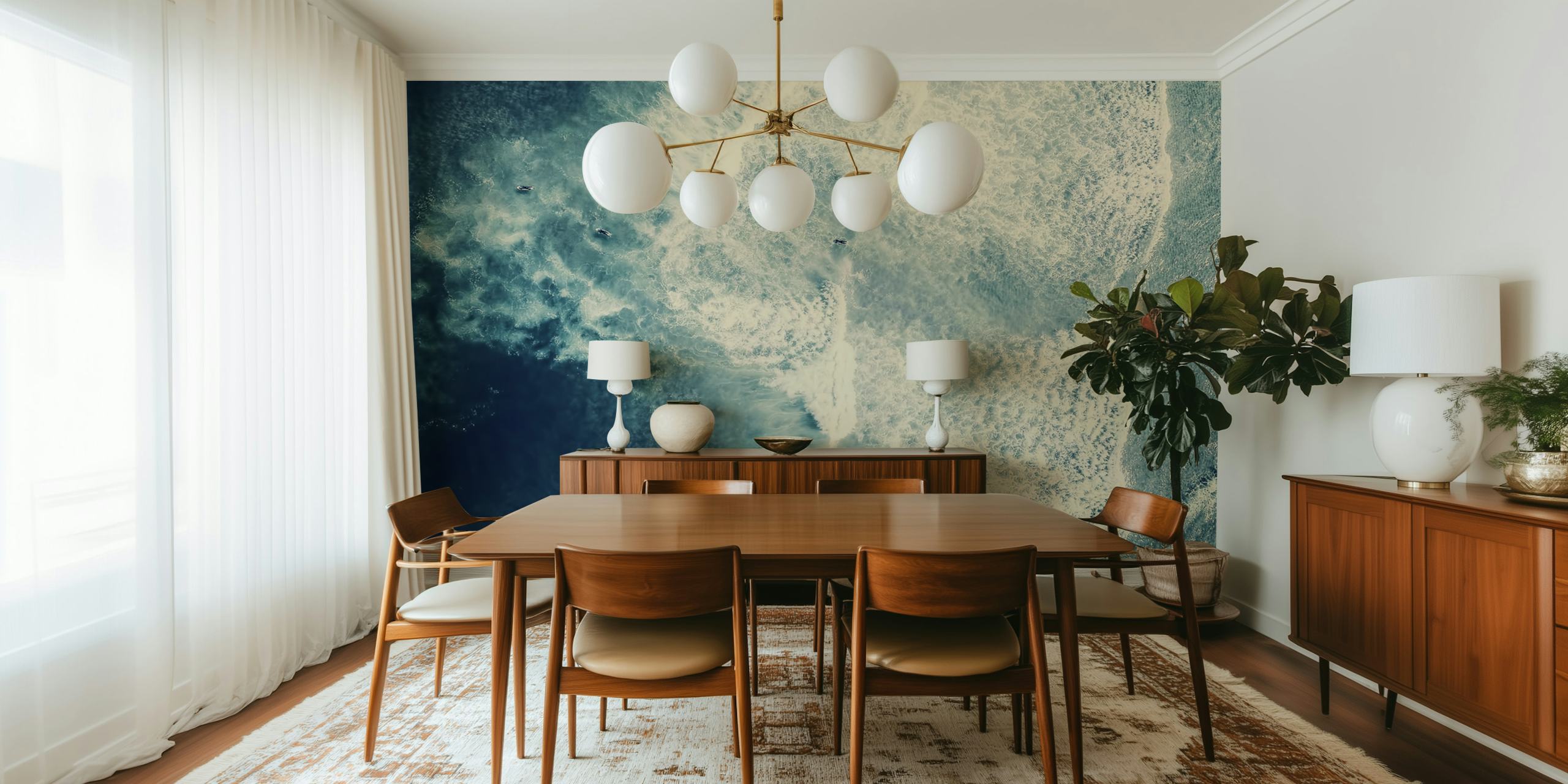 Ocean waves with surfers in blue and white wallpaper