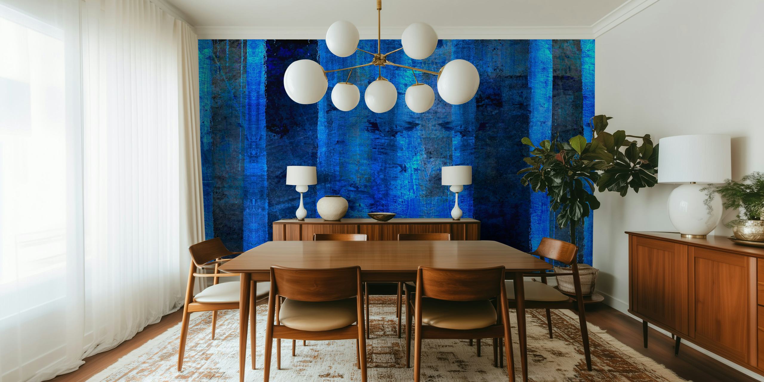 Ethereal indigo blue wall mural with abstract vertical streaks