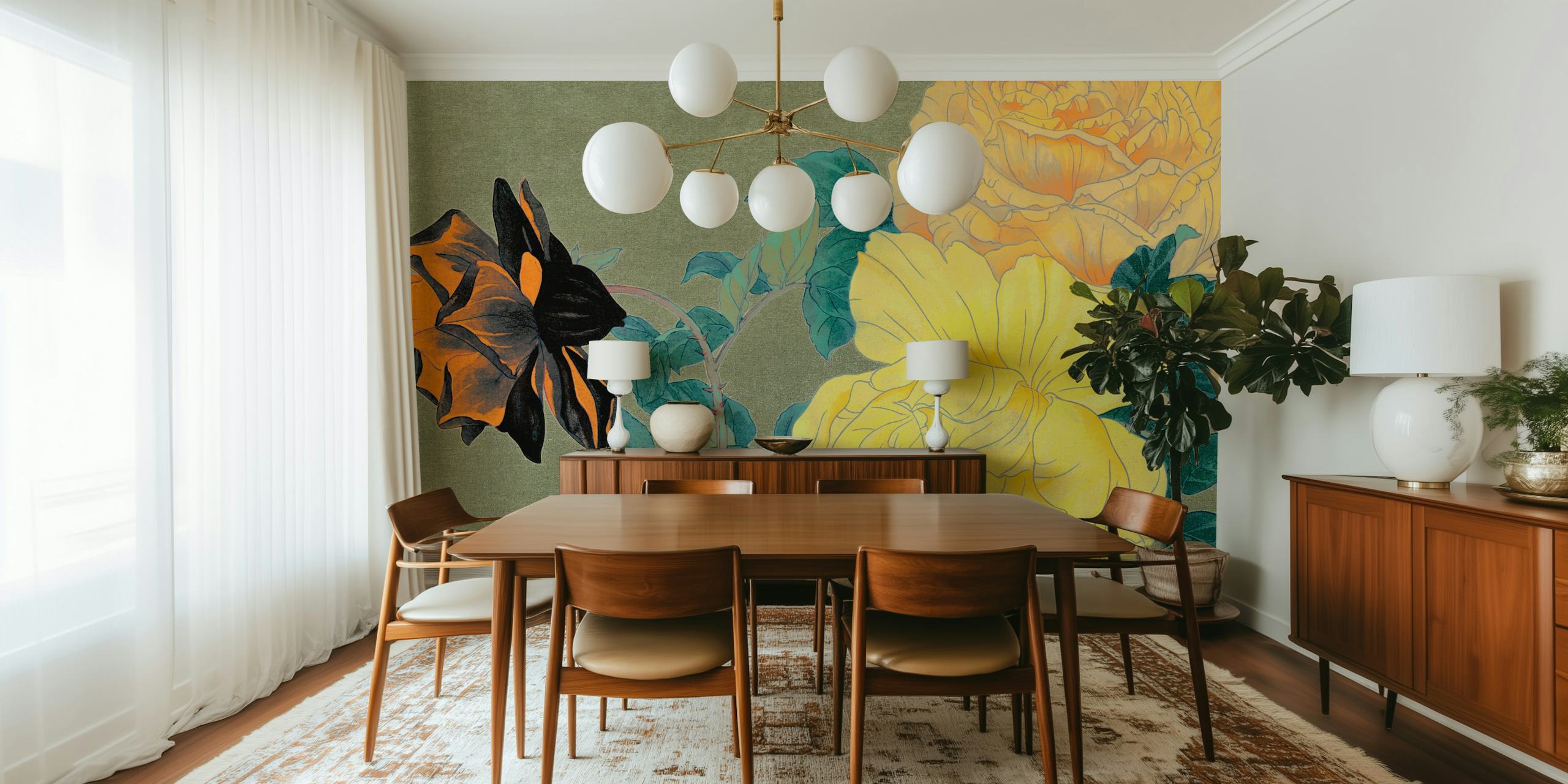 Antieke Noordse pioenrozen muurschildering met vintage tinten