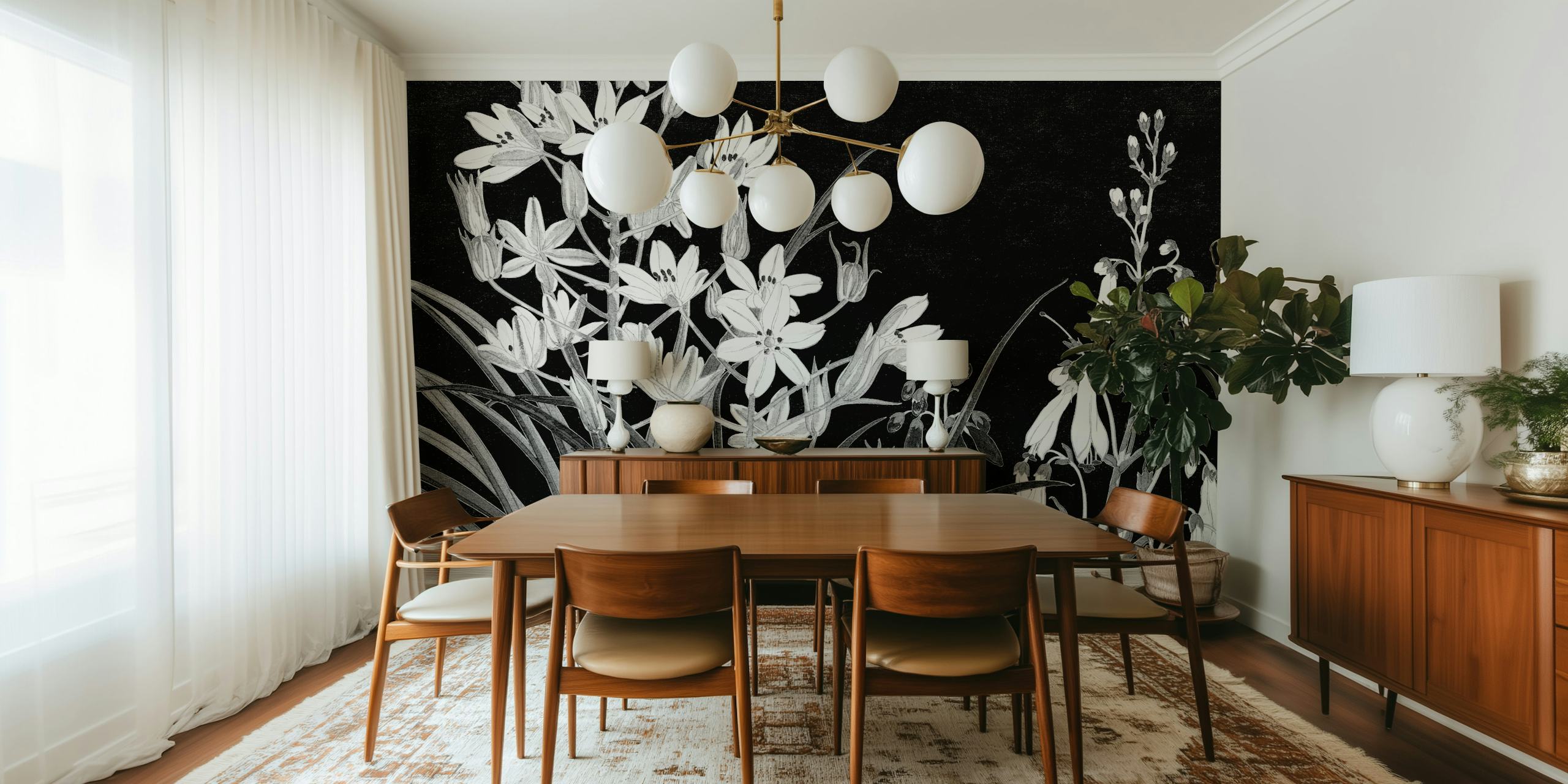 Skandinaavistyylinen kukkainen seinämaalaus yksivärisessä paletissa