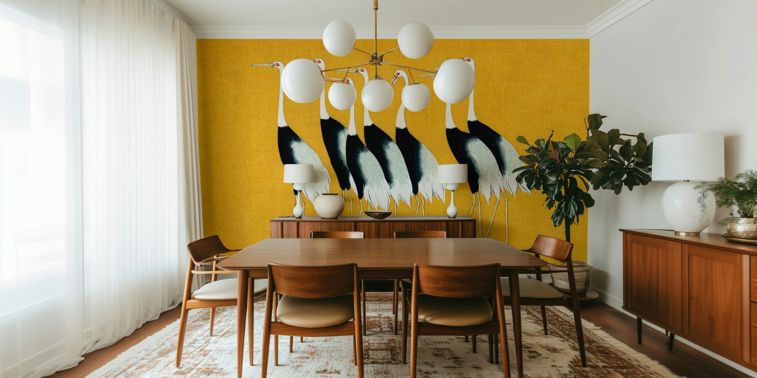 Japan Cranes on Mustard wallpaper in a room