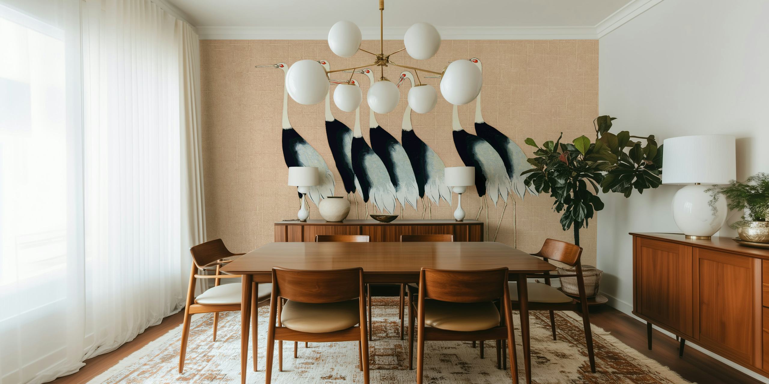 Japan cranes in black and white on cream wallpaper
