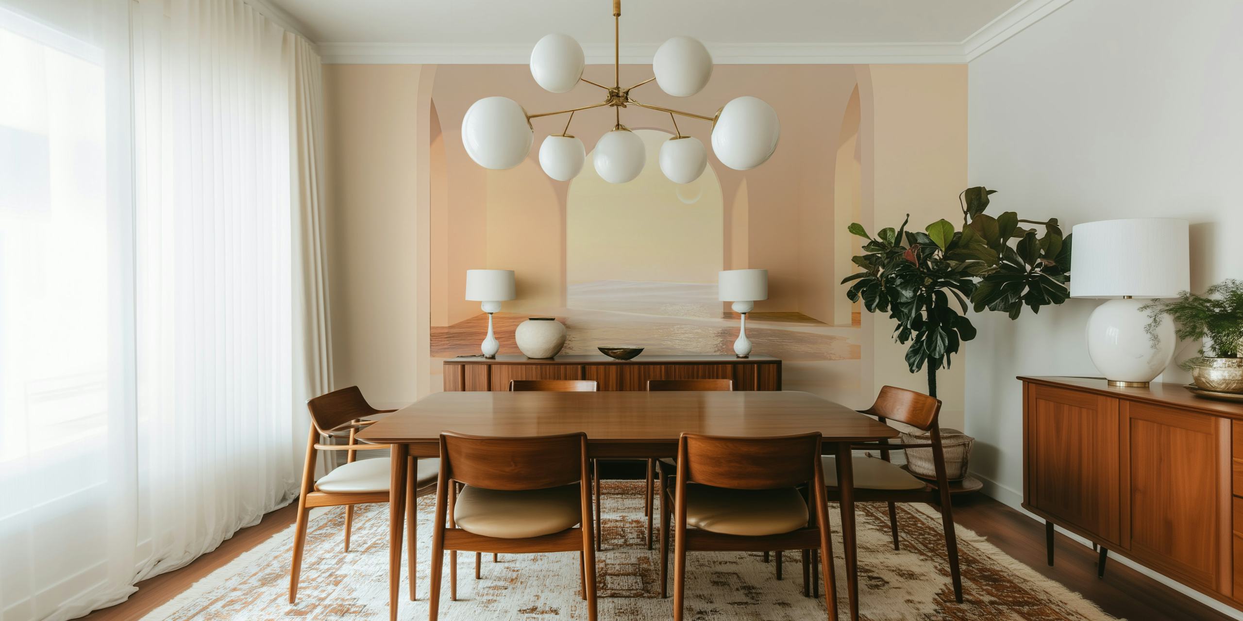 Arched openings with soft cream hues and a pastel sunset wallpaper