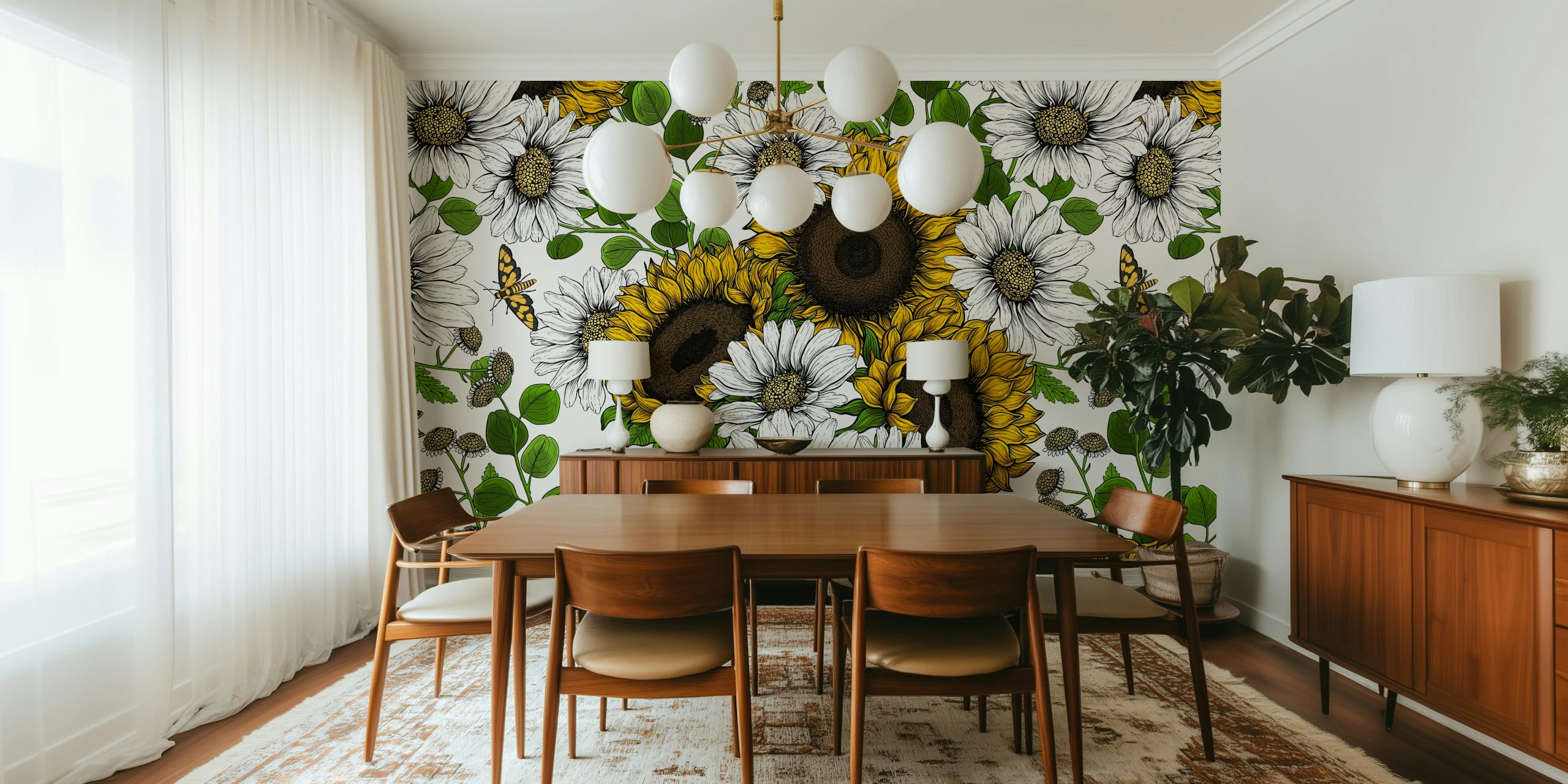 Sunflowers and daisies behang in een kamer