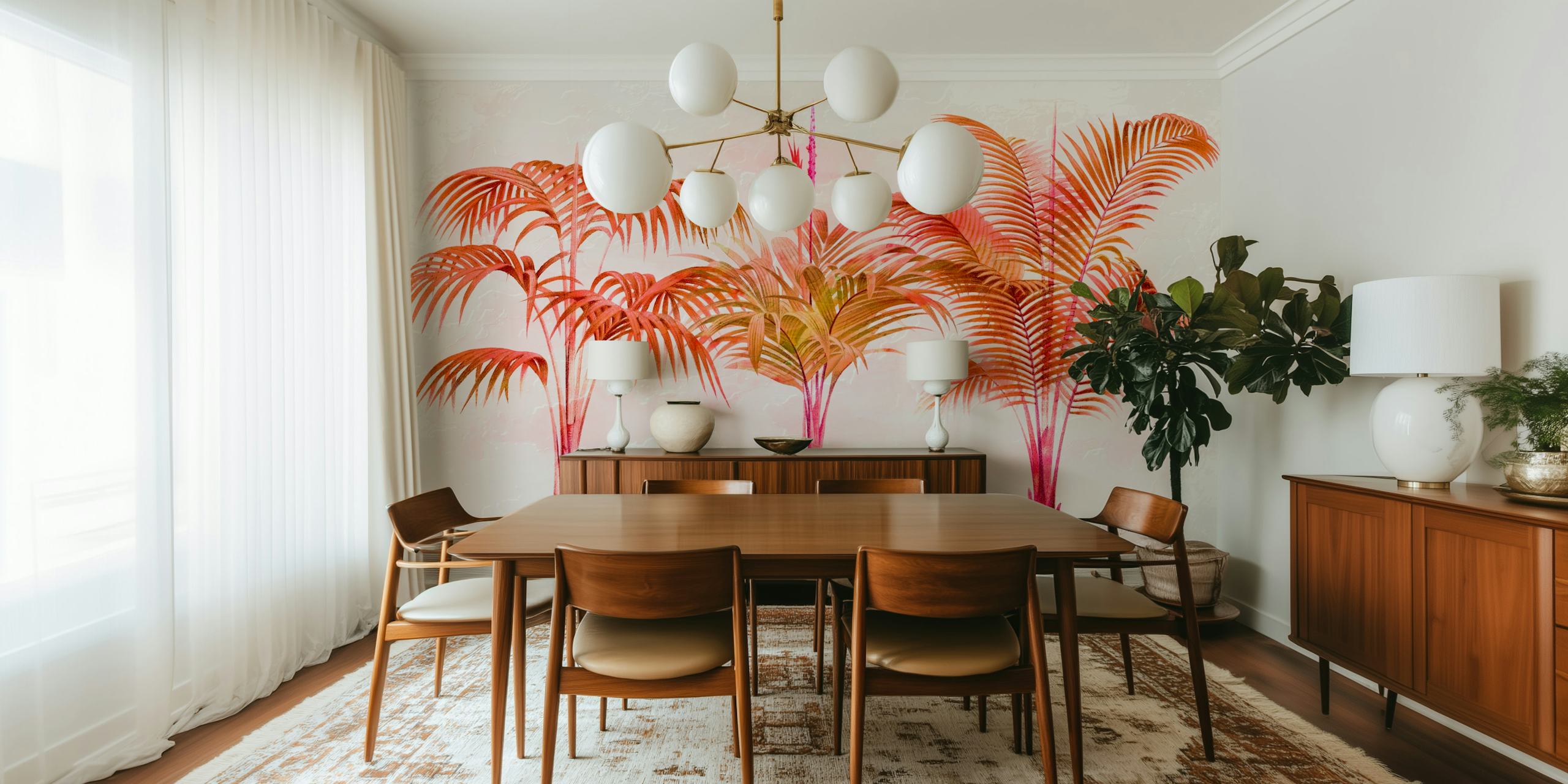 Rustgevende palmboom muurschildering in warme tinten.