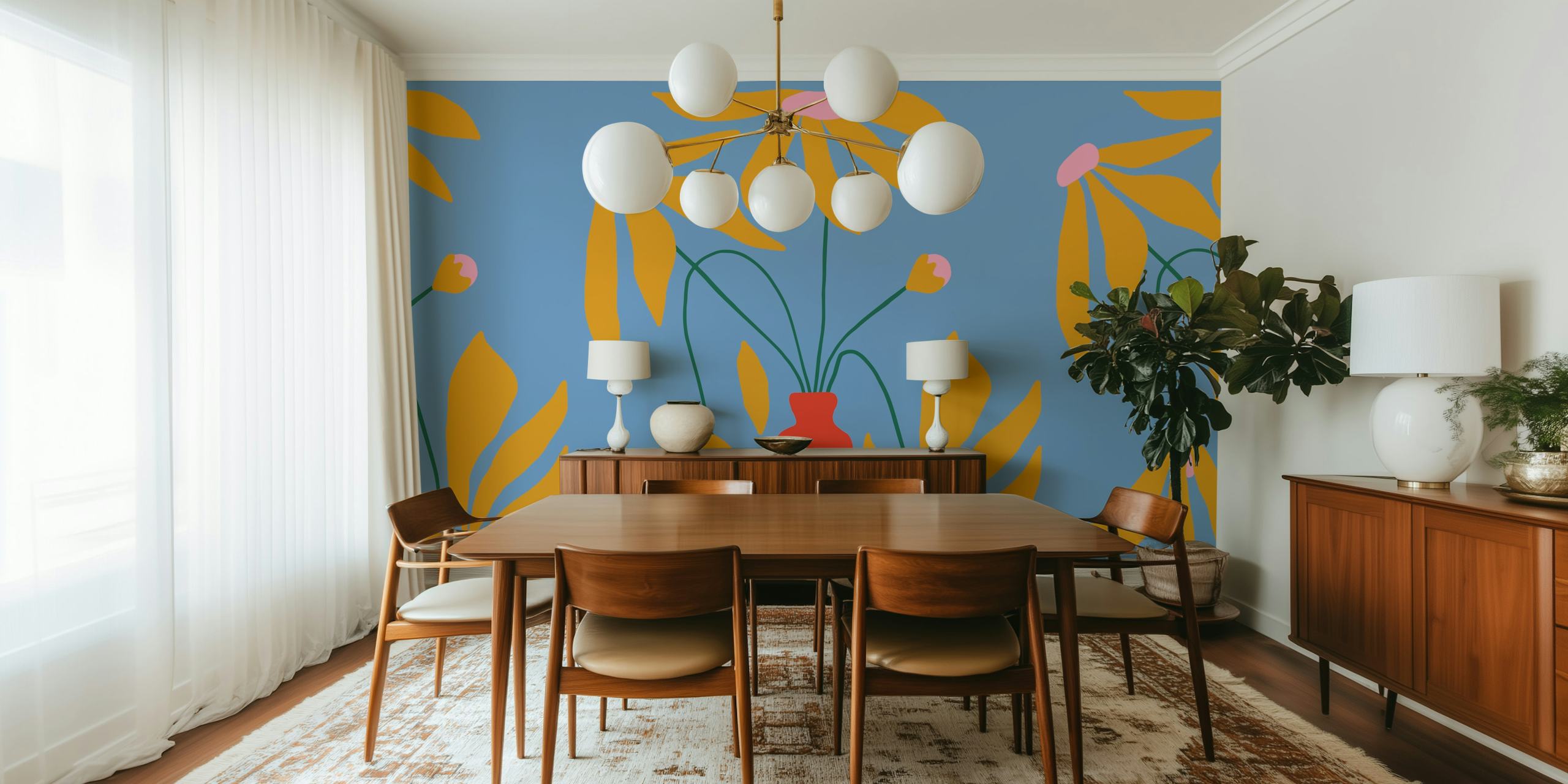 Colorful floral design with yellow petals and pink accents on blue wallpaper