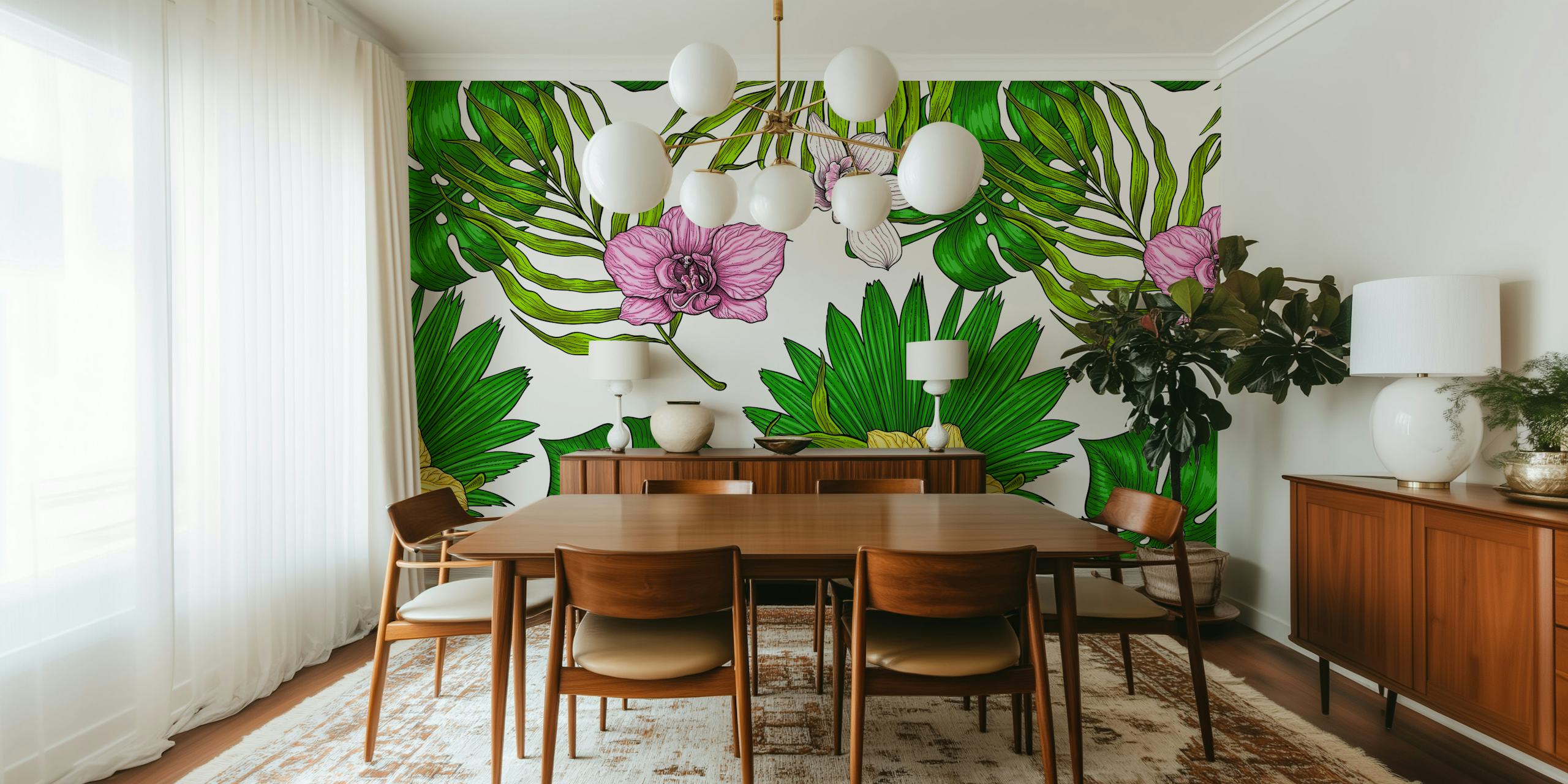 Orchids and Palm Leaves τοιχογραφία με ροζ λουλούδια και πράσινο φύλλωμα
