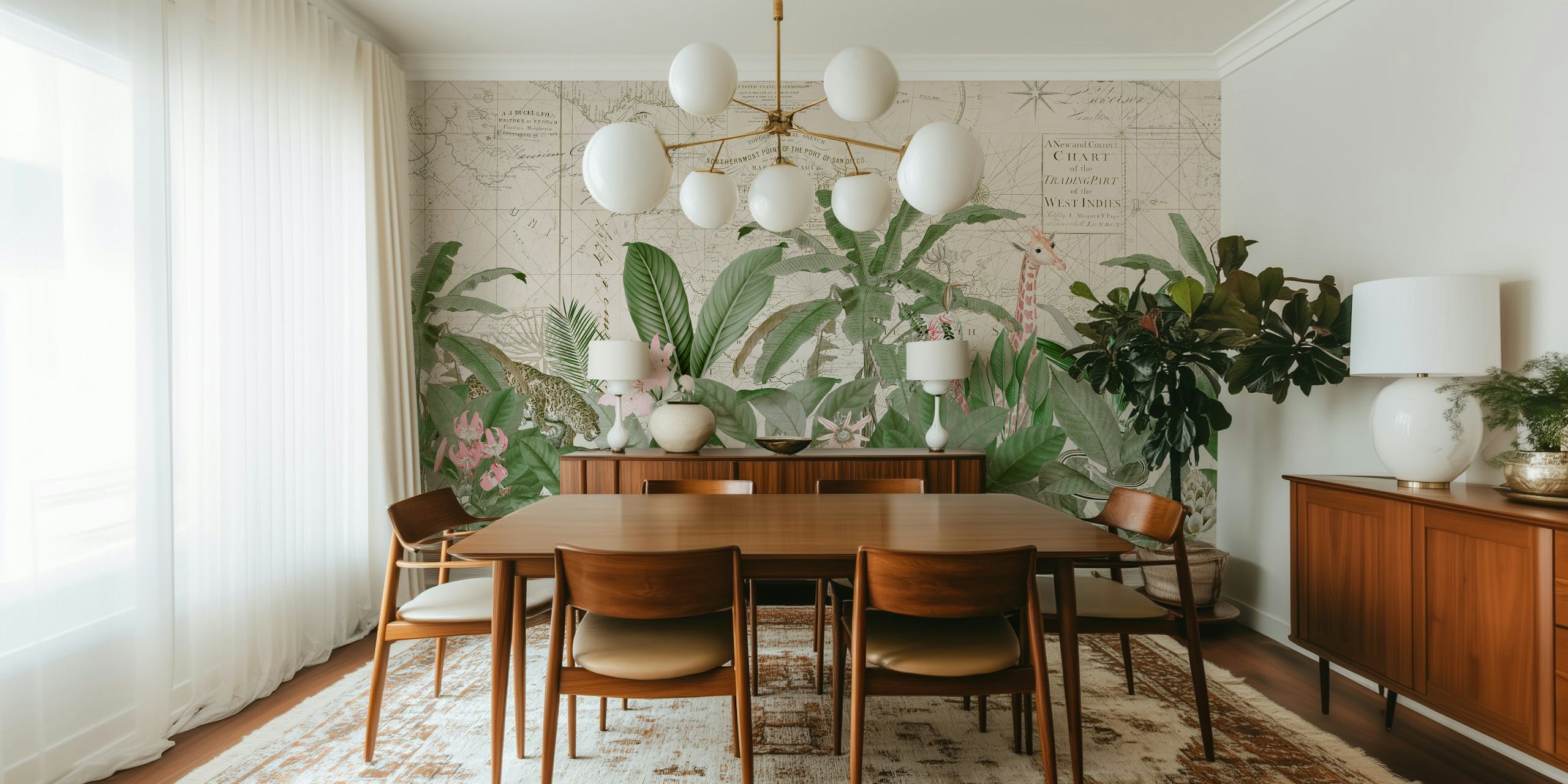 Lush tropical foliage with animals and vintage map wallpaper