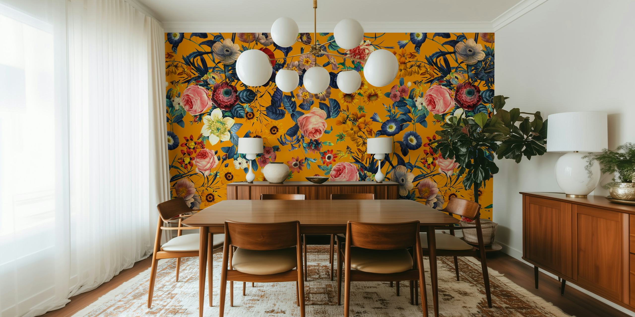 Colorful floral wallpaper featuring roses, sunflowers, and leaves on orange background