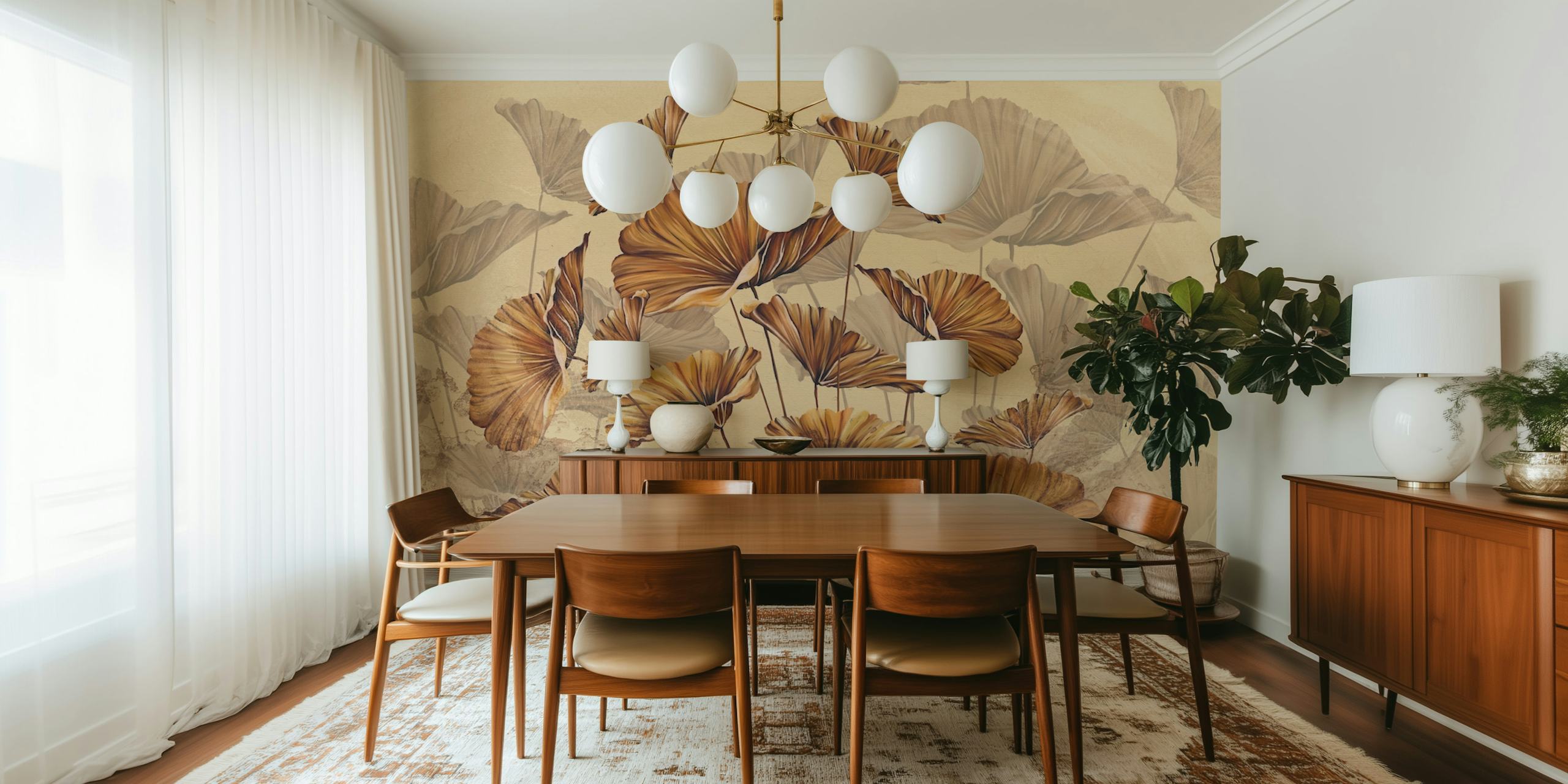 Beige floral wallpaper with golden leaves design