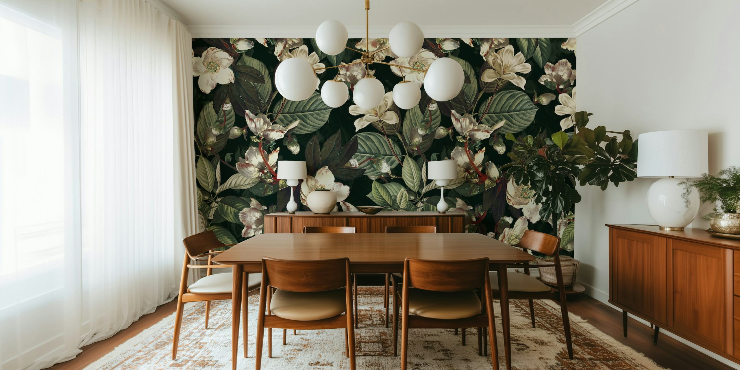 Fleurs blanches et vertes sur fond noir, style floral wallpaper
