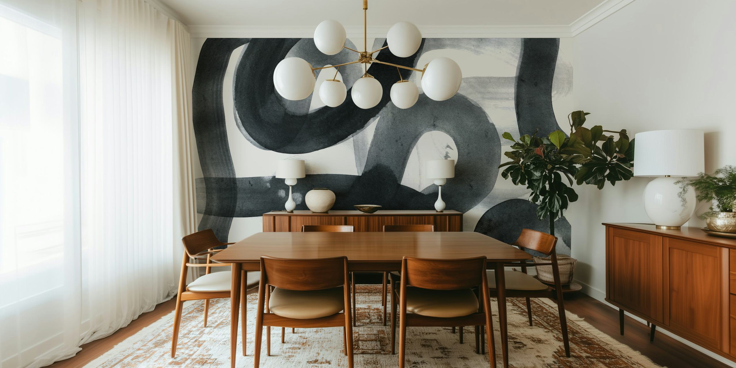 Abstract black ink brushstroke patterns on a white background wallpaper