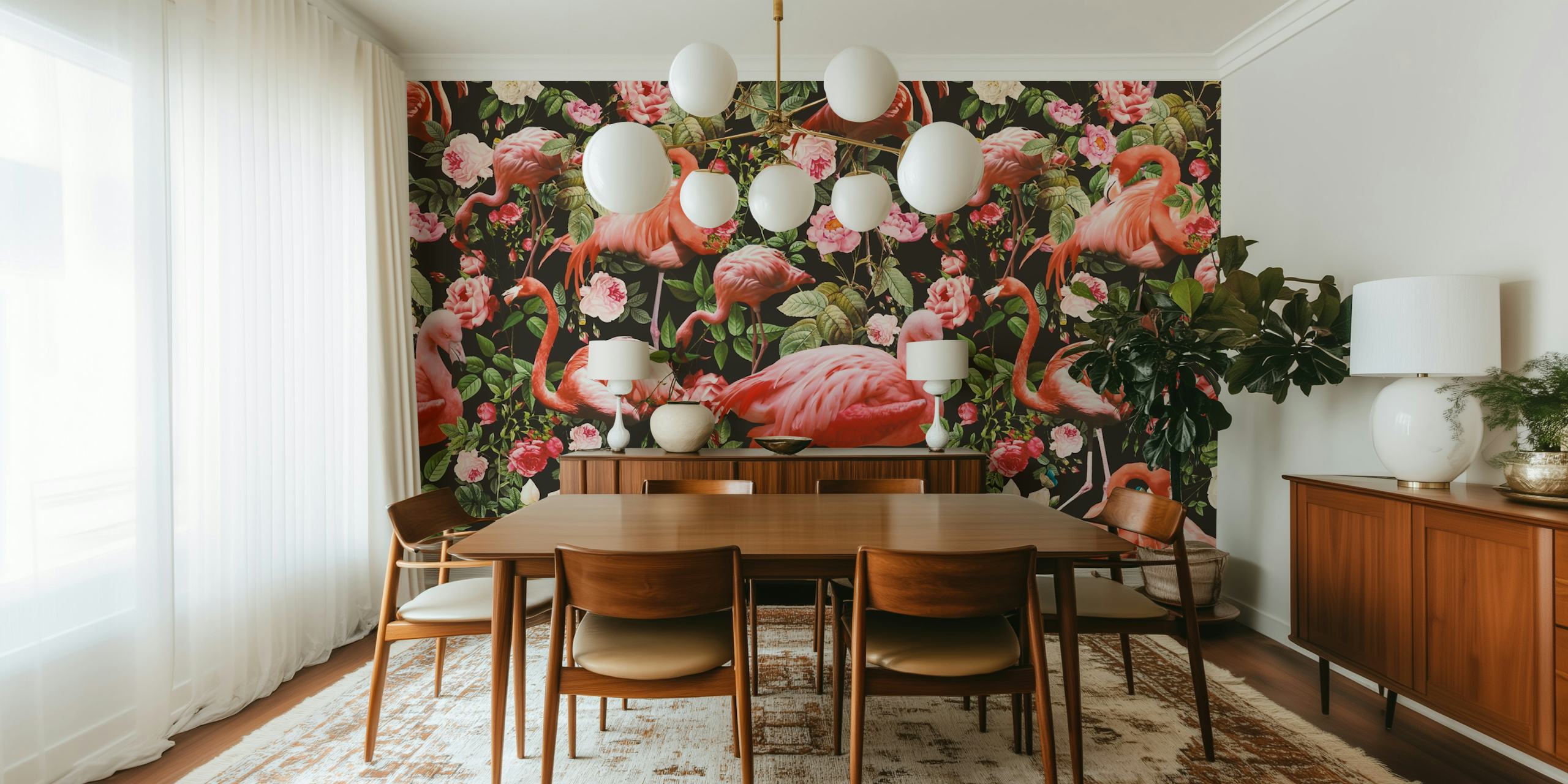 Bloemen en flamingo Floral and Flamingo wallpaper pattern